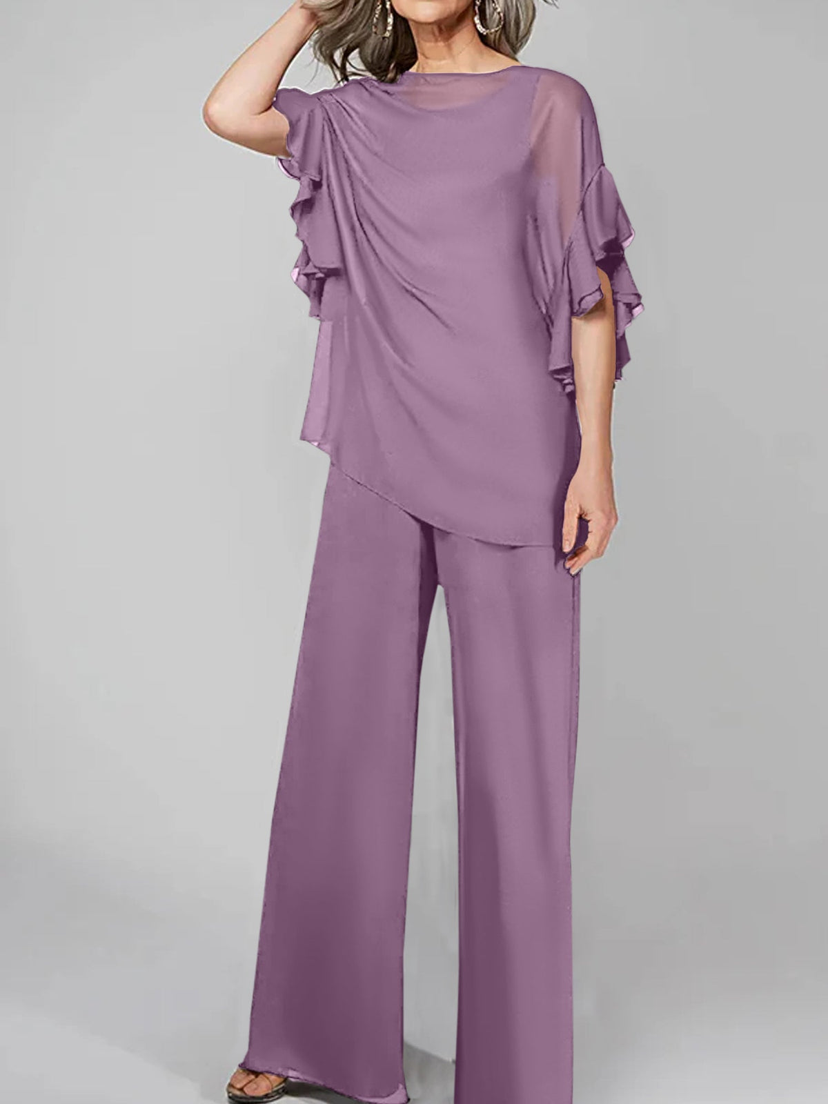 Chiffon Mother of the Bride Pantsuit with Scoop Neck and Half Sleeves