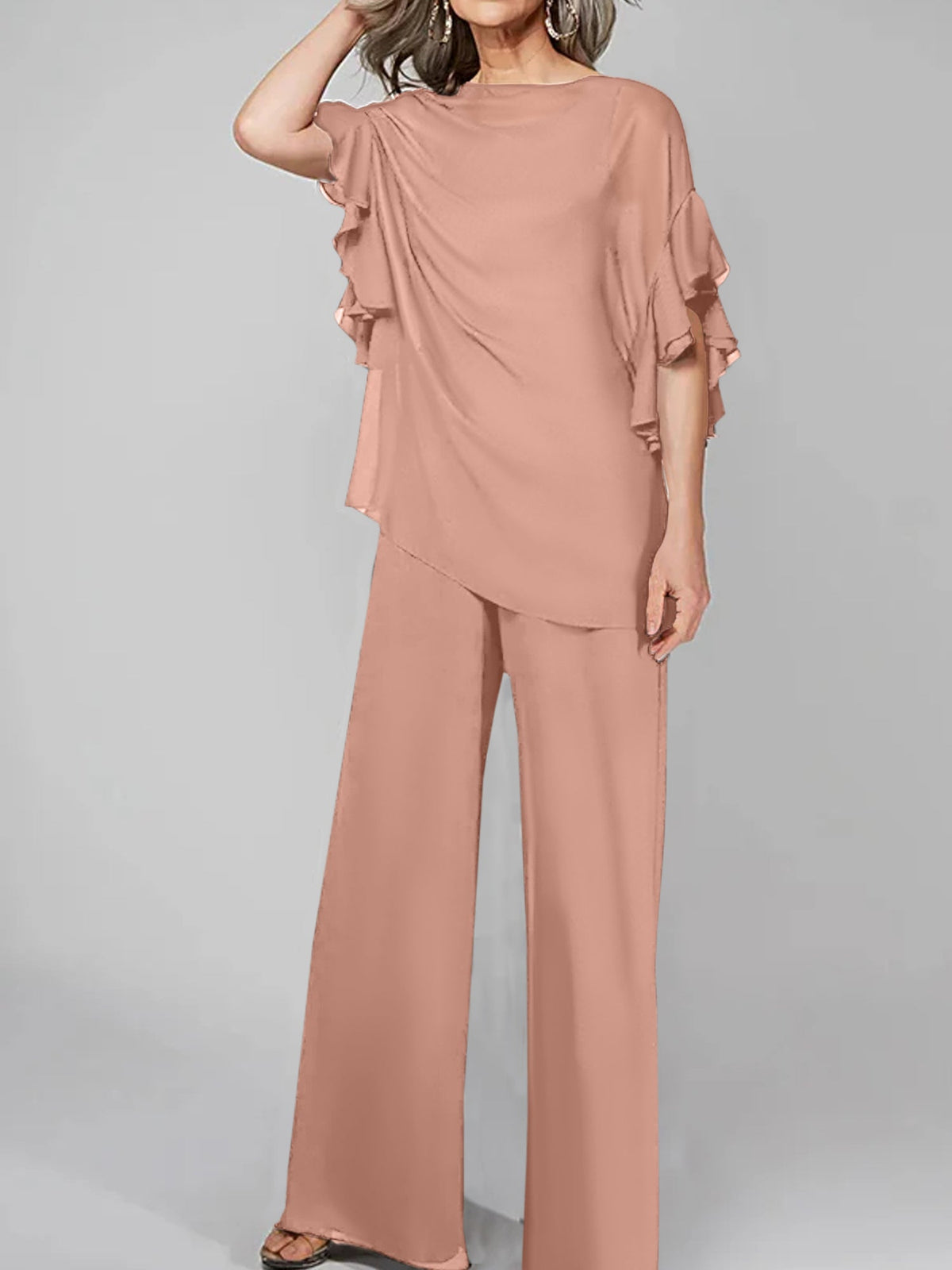 Chiffon Mother of the Bride Pantsuit with Scoop Neck and Half Sleeves