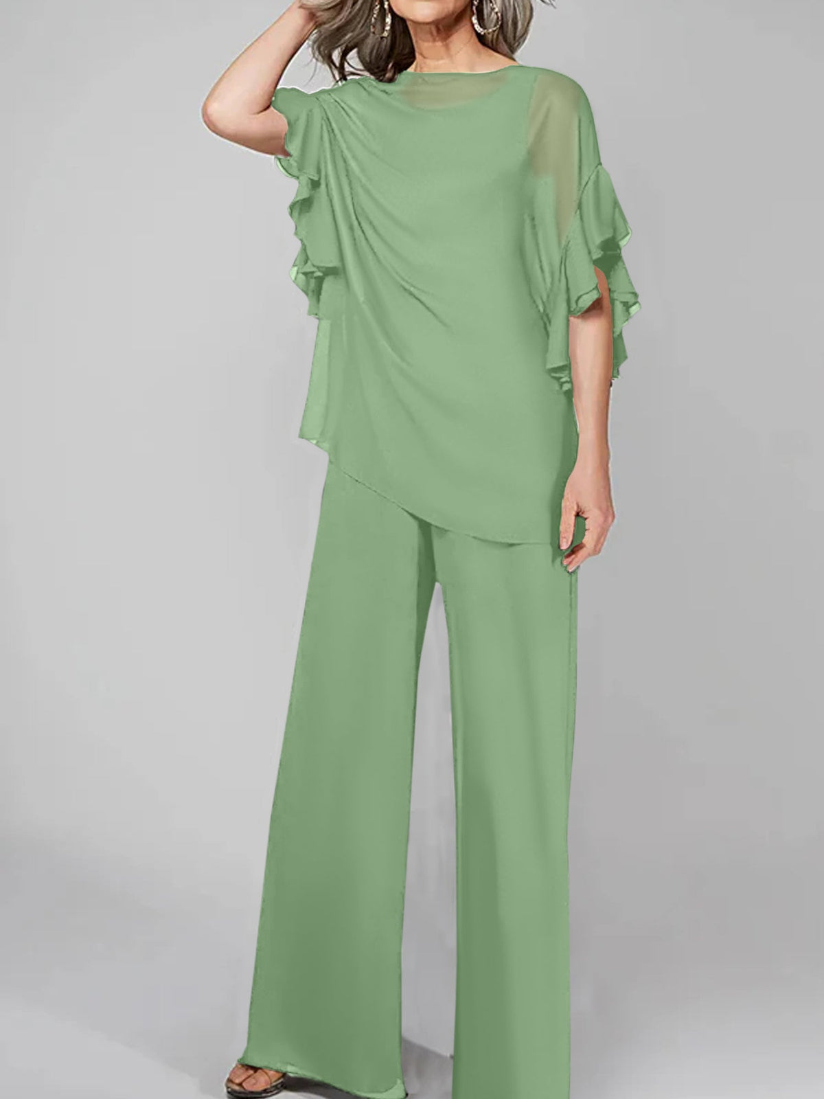 Chiffon Mother of the Bride Pantsuit with Scoop Neck and Half Sleeves
