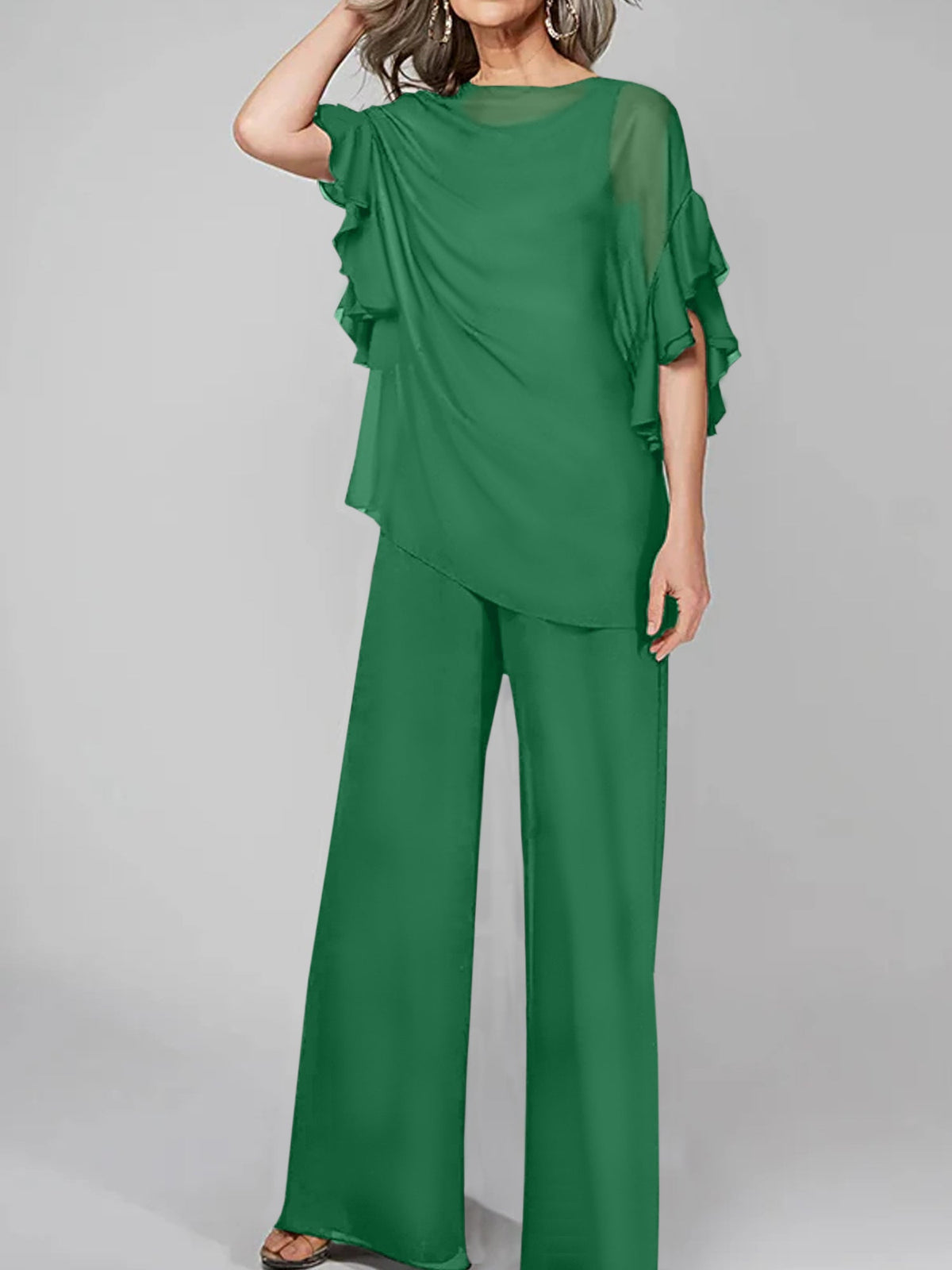 Chiffon Mother of the Bride Pantsuit with Scoop Neck and Half Sleeves