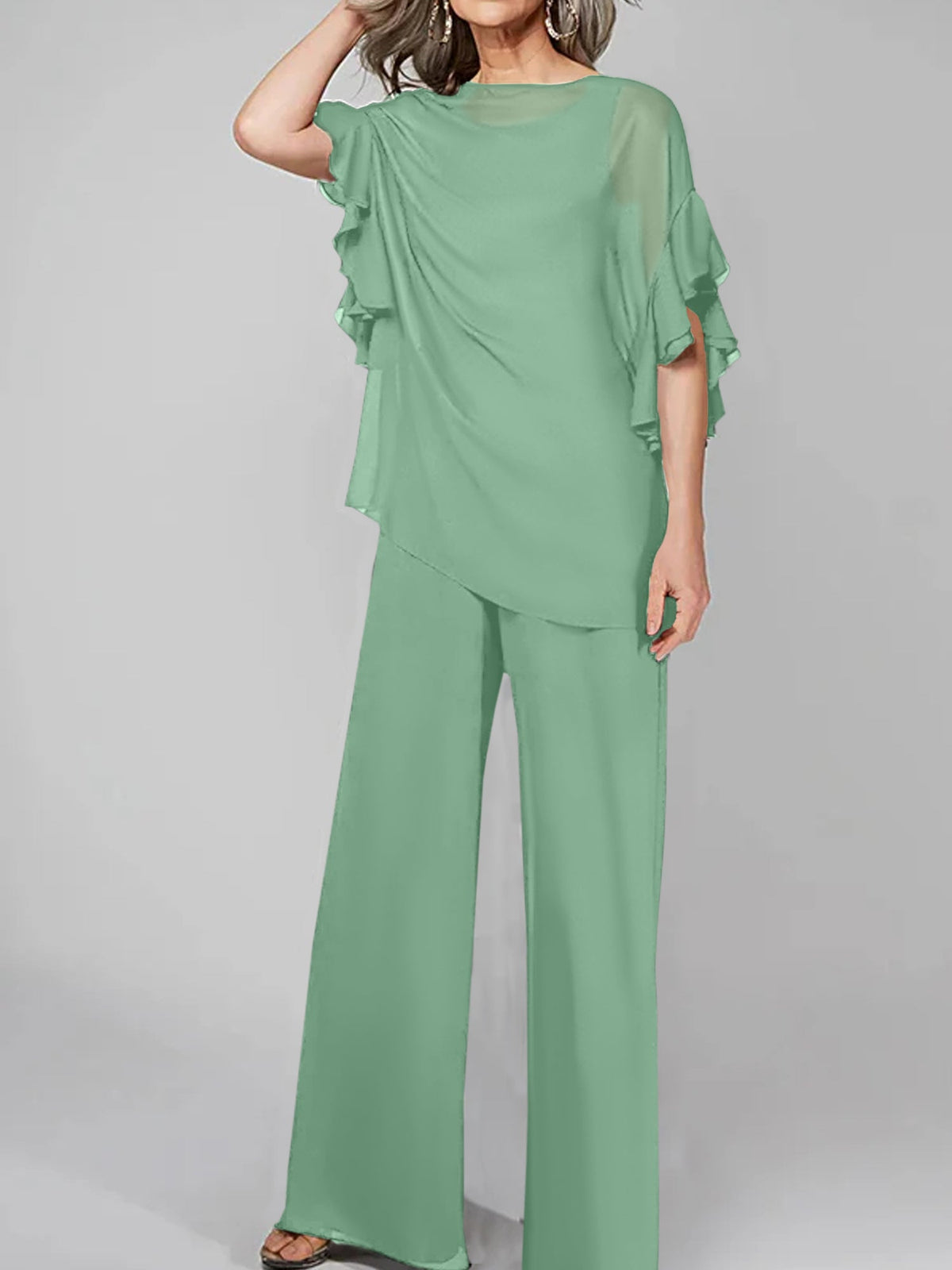Chiffon Mother of the Bride Pantsuit with Scoop Neck and Half Sleeves
