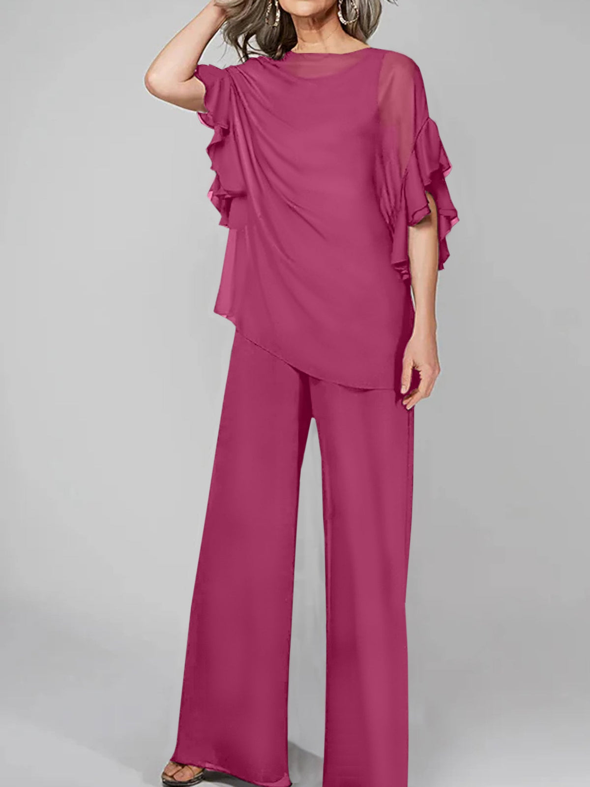 Chiffon Mother of the Bride Pantsuit with Scoop Neck and Half Sleeves