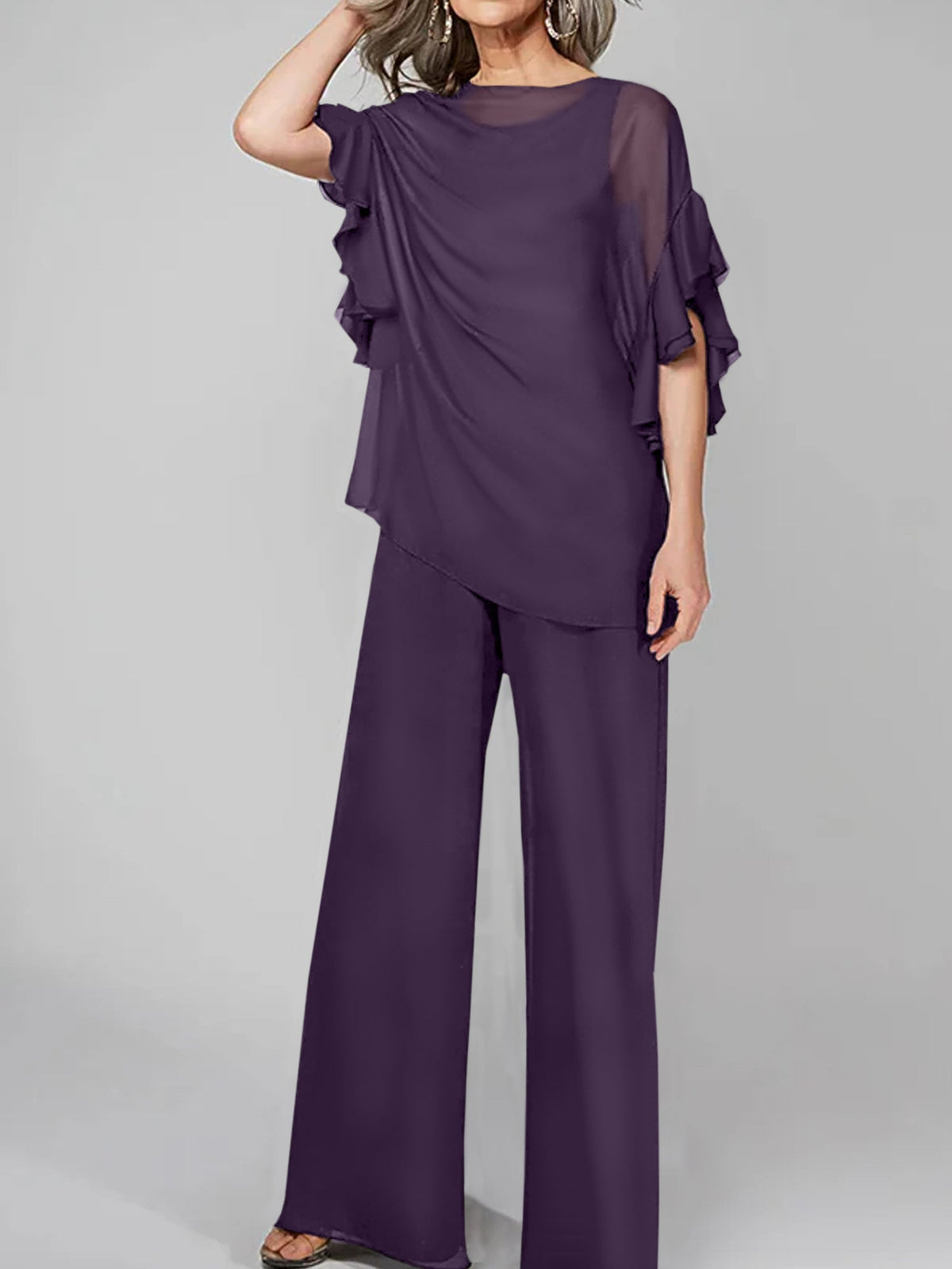Chiffon Mother of the Bride Pantsuit with Scoop Neck and Half Sleeves