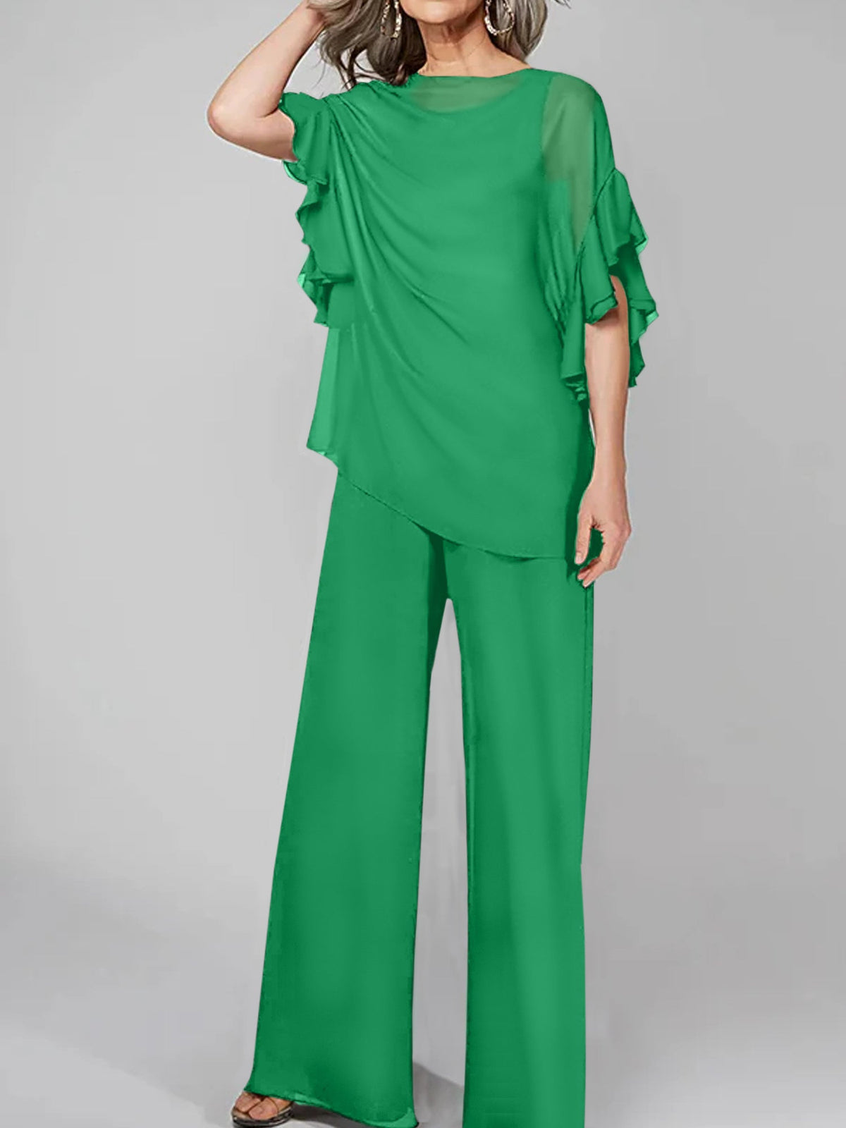 Chiffon Mother of the Bride Pantsuit with Scoop Neck and Half Sleeves