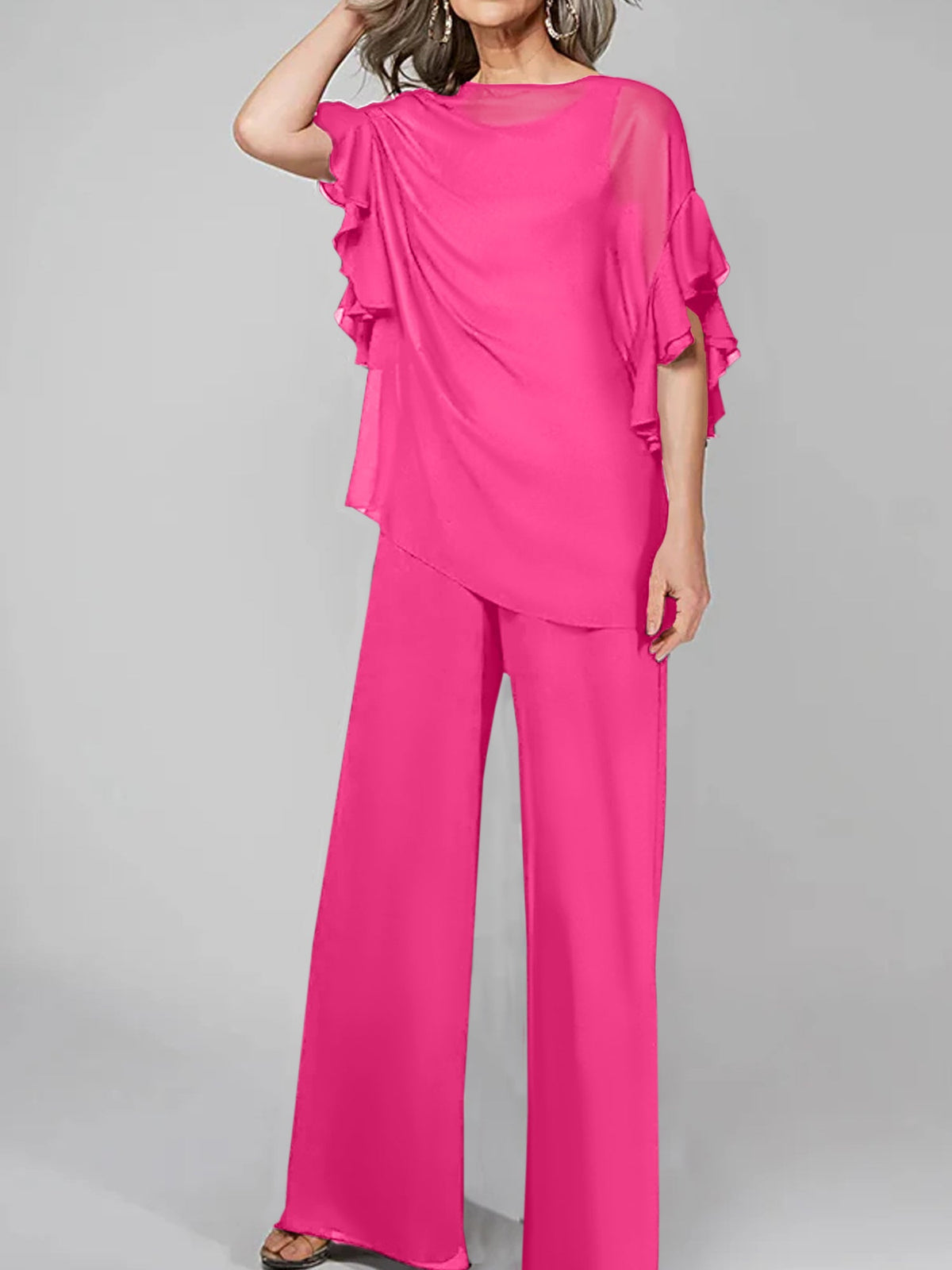 Chiffon Mother of the Bride Pantsuit with Scoop Neck and Half Sleeves