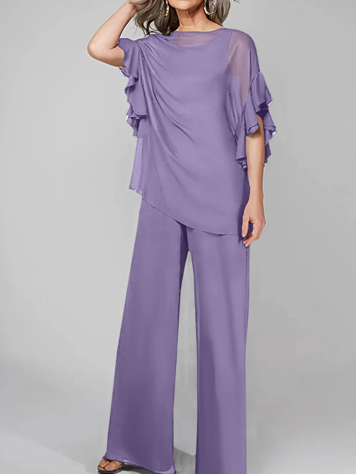 Chiffon Mother of the Bride Pantsuit with Scoop Neck and Half Sleeves