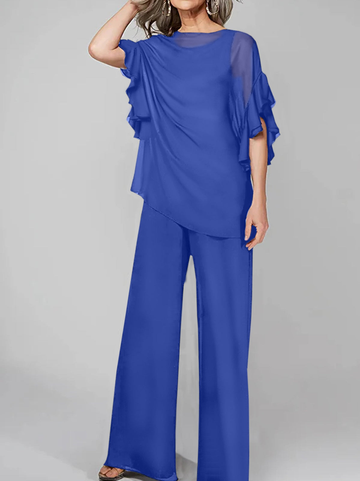 Chiffon Mother of the Bride Pantsuit with Scoop Neck and Half Sleeves