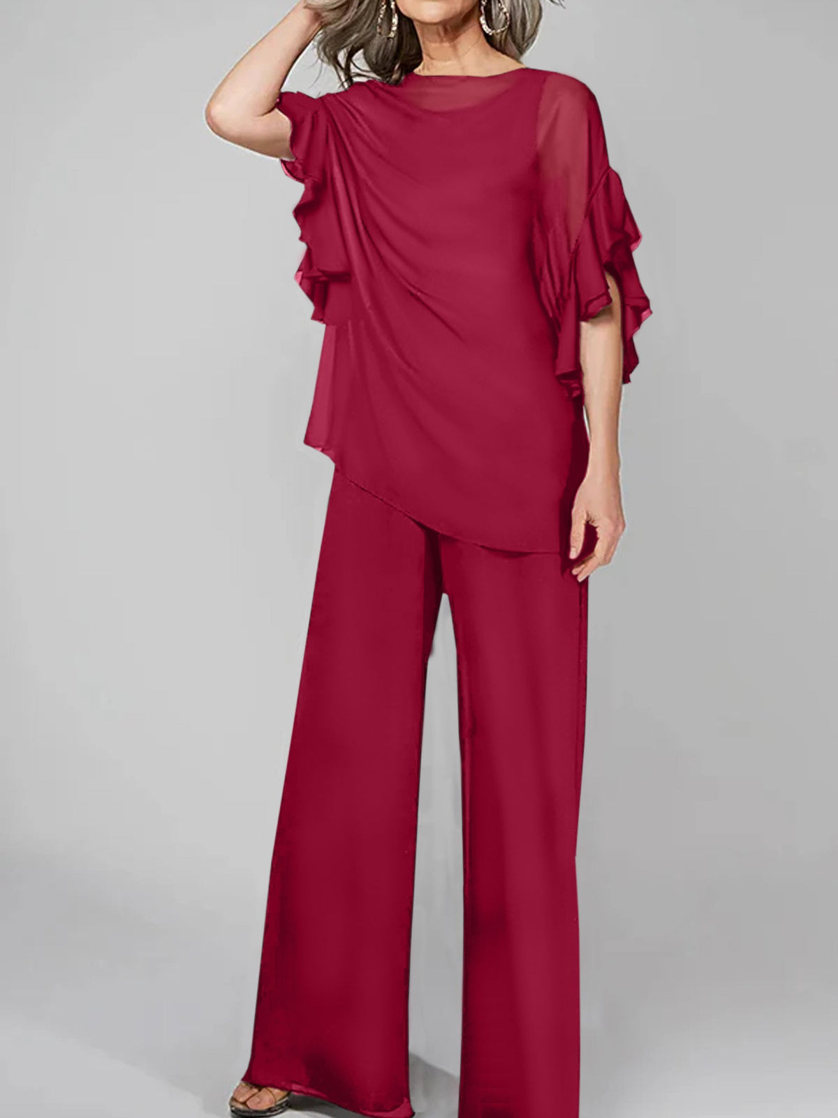 Chiffon Mother of the Bride Pantsuit with Scoop Neck and Half Sleeves