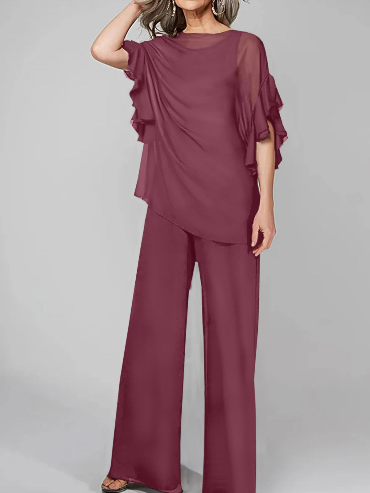 Chiffon Mother of the Bride Pantsuit with Scoop Neck and Half Sleeves
