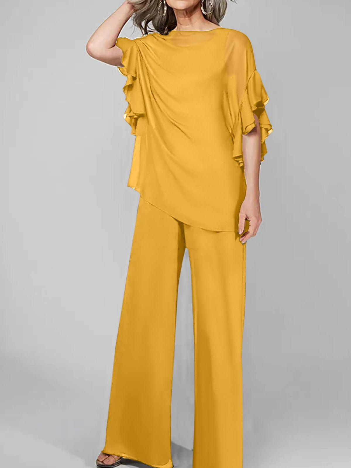 Chiffon Mother of the Bride Pantsuit with Scoop Neck and Half Sleeves