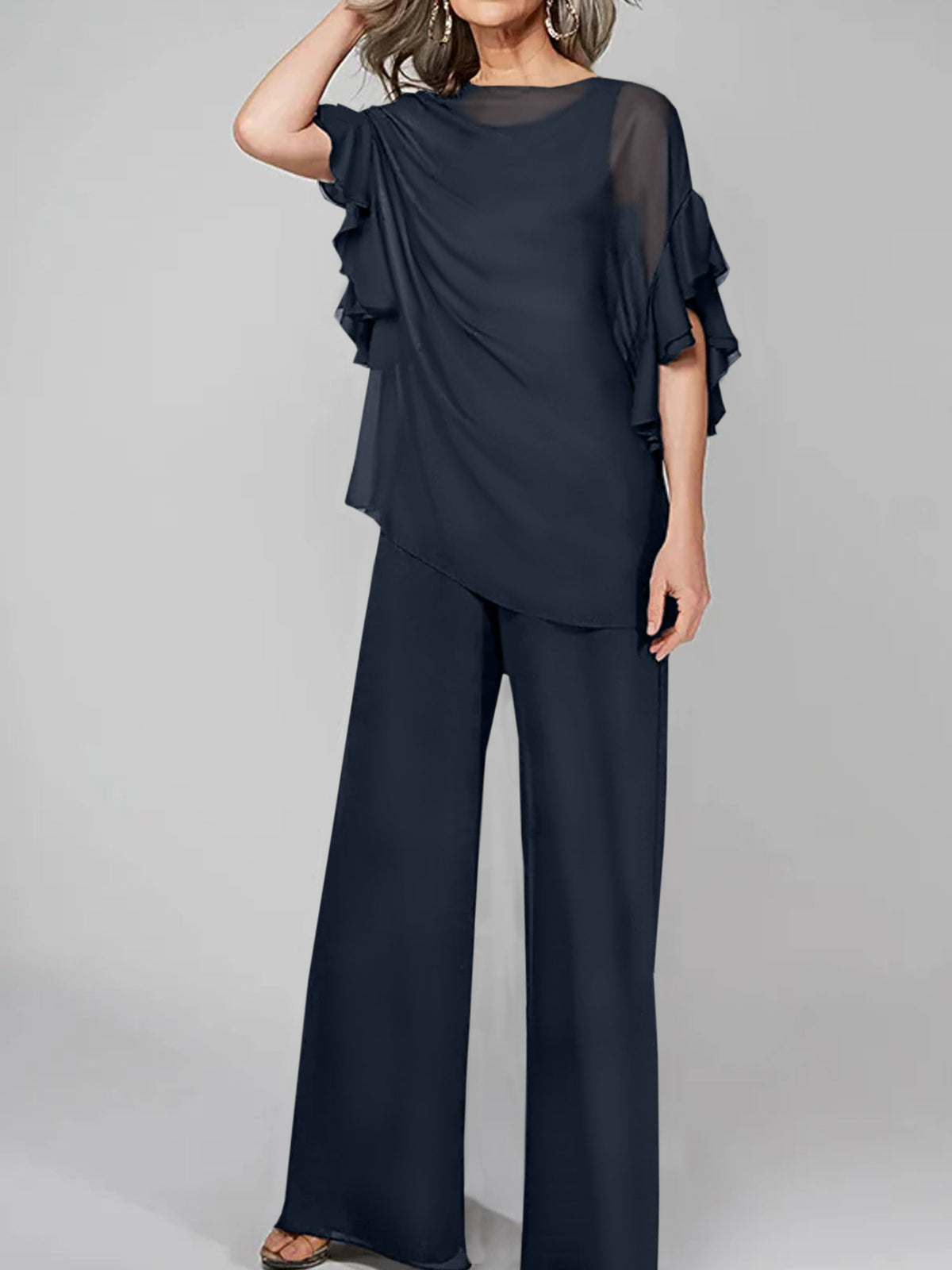 Chiffon Mother of the Bride Pantsuit with Scoop Neck and Half Sleeves