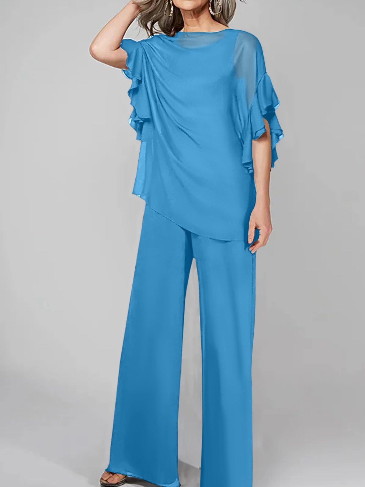 Chiffon Mother of the Bride Pantsuit with Scoop Neck and Half Sleeves