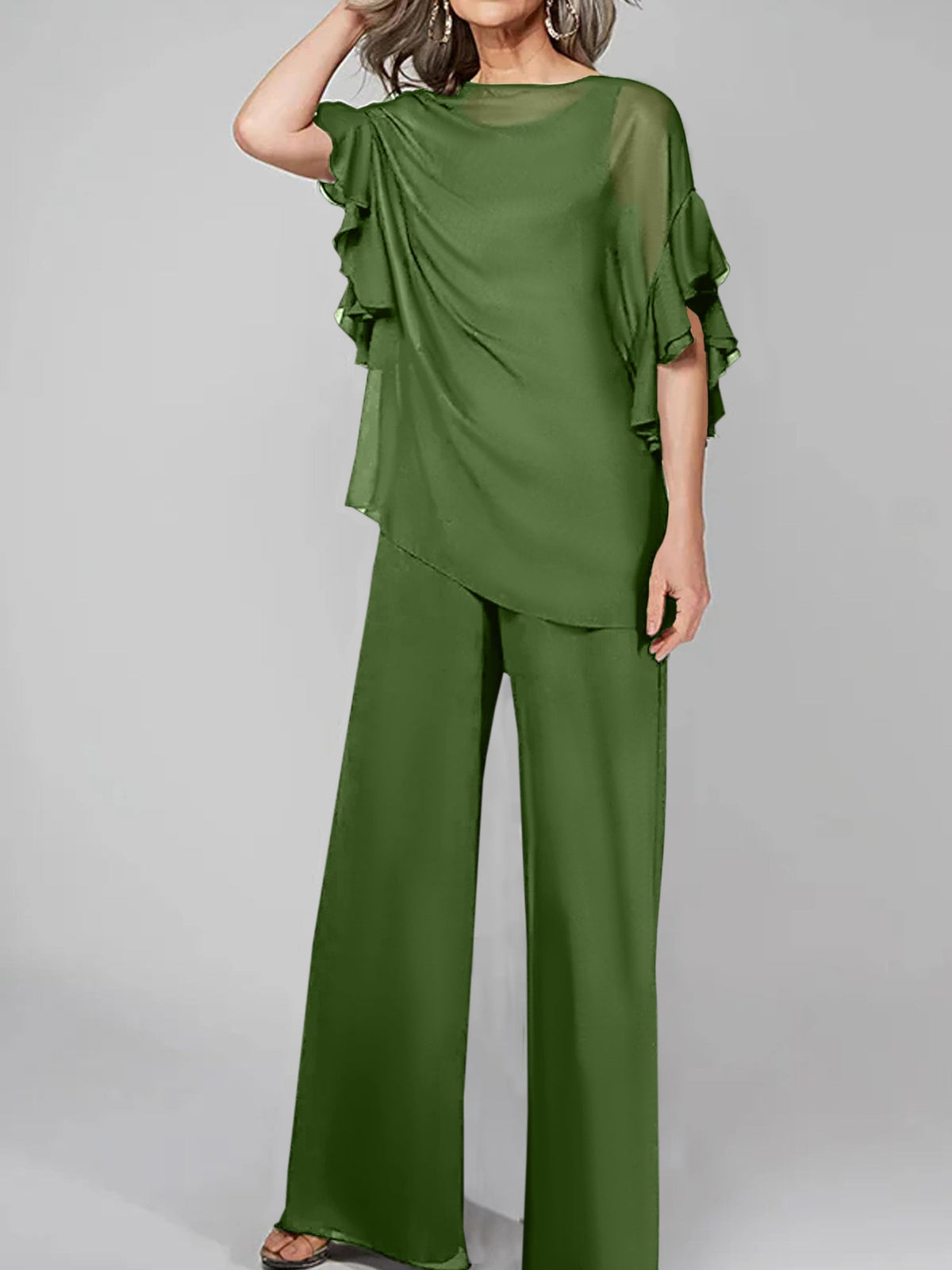 Chiffon Mother of the Bride Pantsuit with Scoop Neck and Half Sleeves