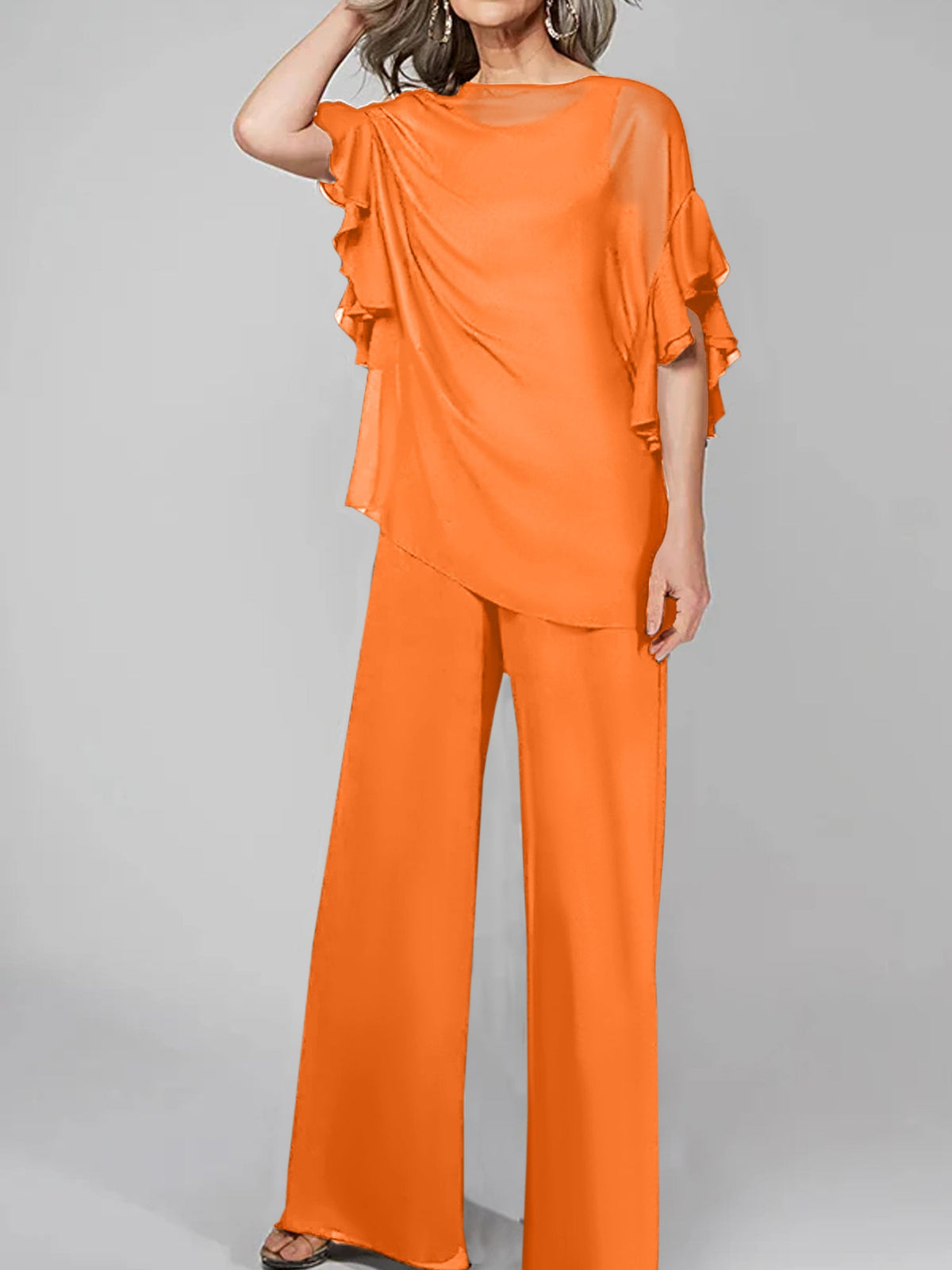 Chiffon Mother of the Bride Pantsuit with Scoop Neck and Half Sleeves
