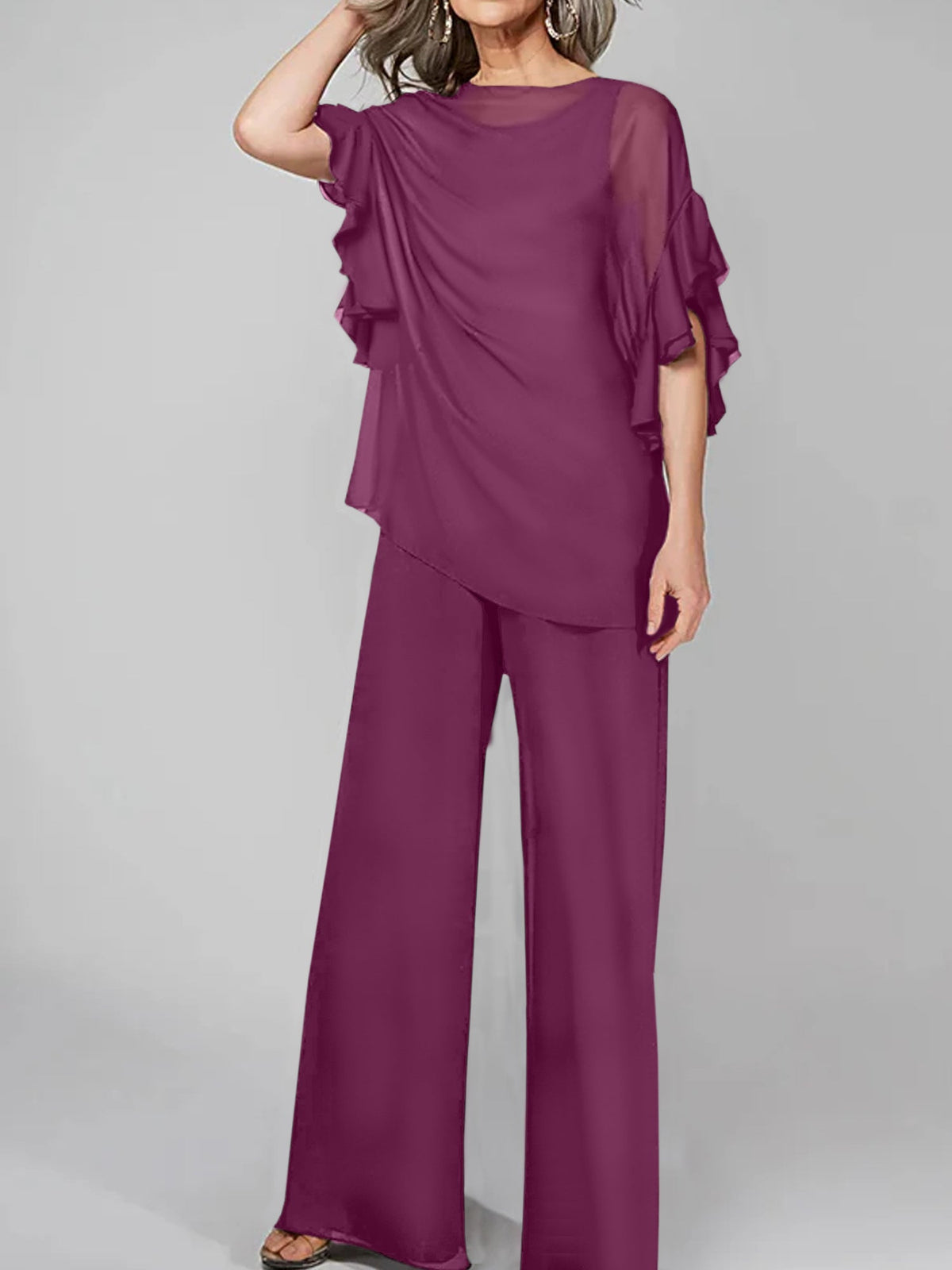 Chiffon Mother of the Bride Pantsuit with Scoop Neck and Half Sleeves