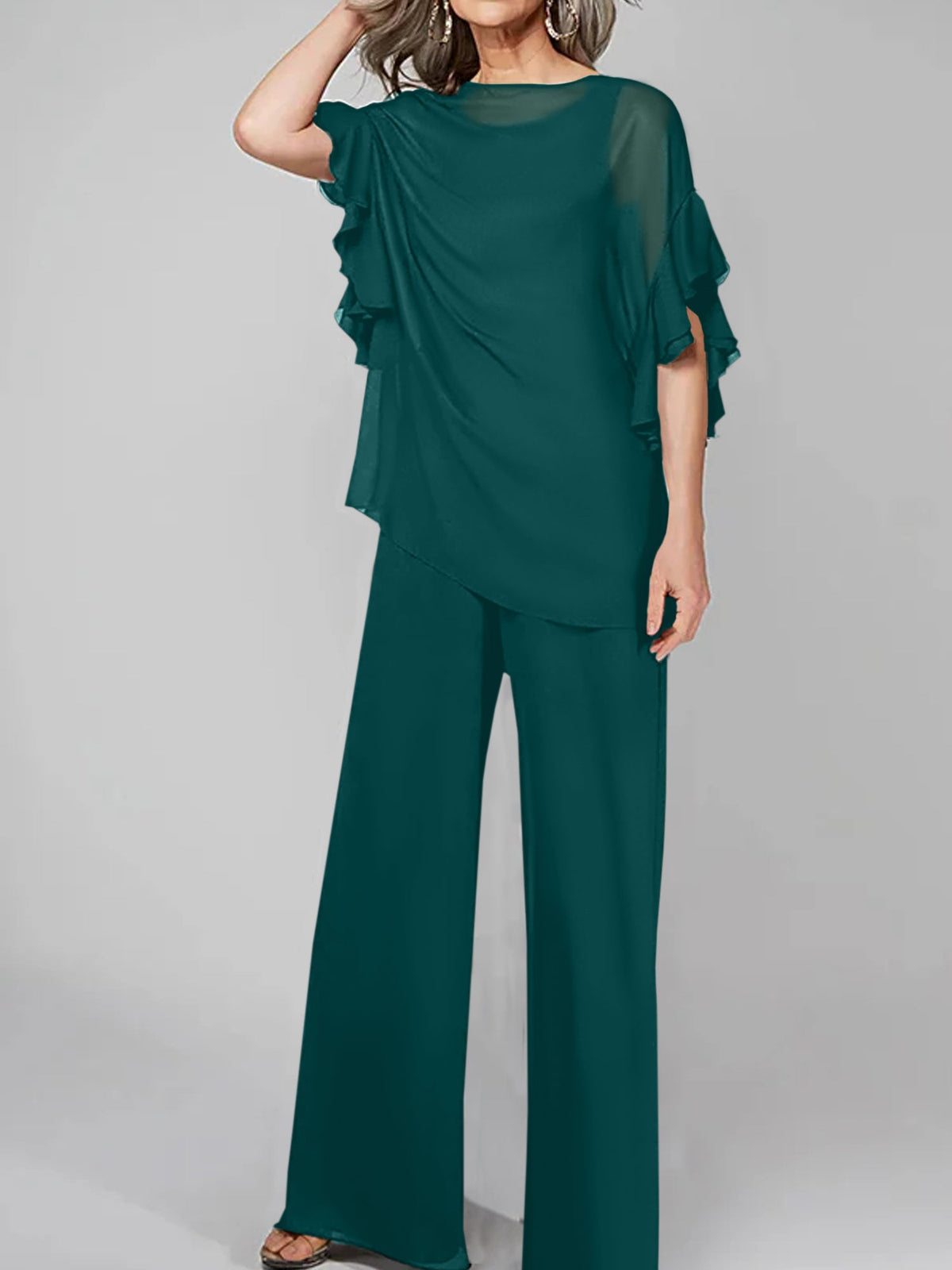 Chiffon Mother of the Bride Pantsuit with Scoop Neck and Half Sleeves