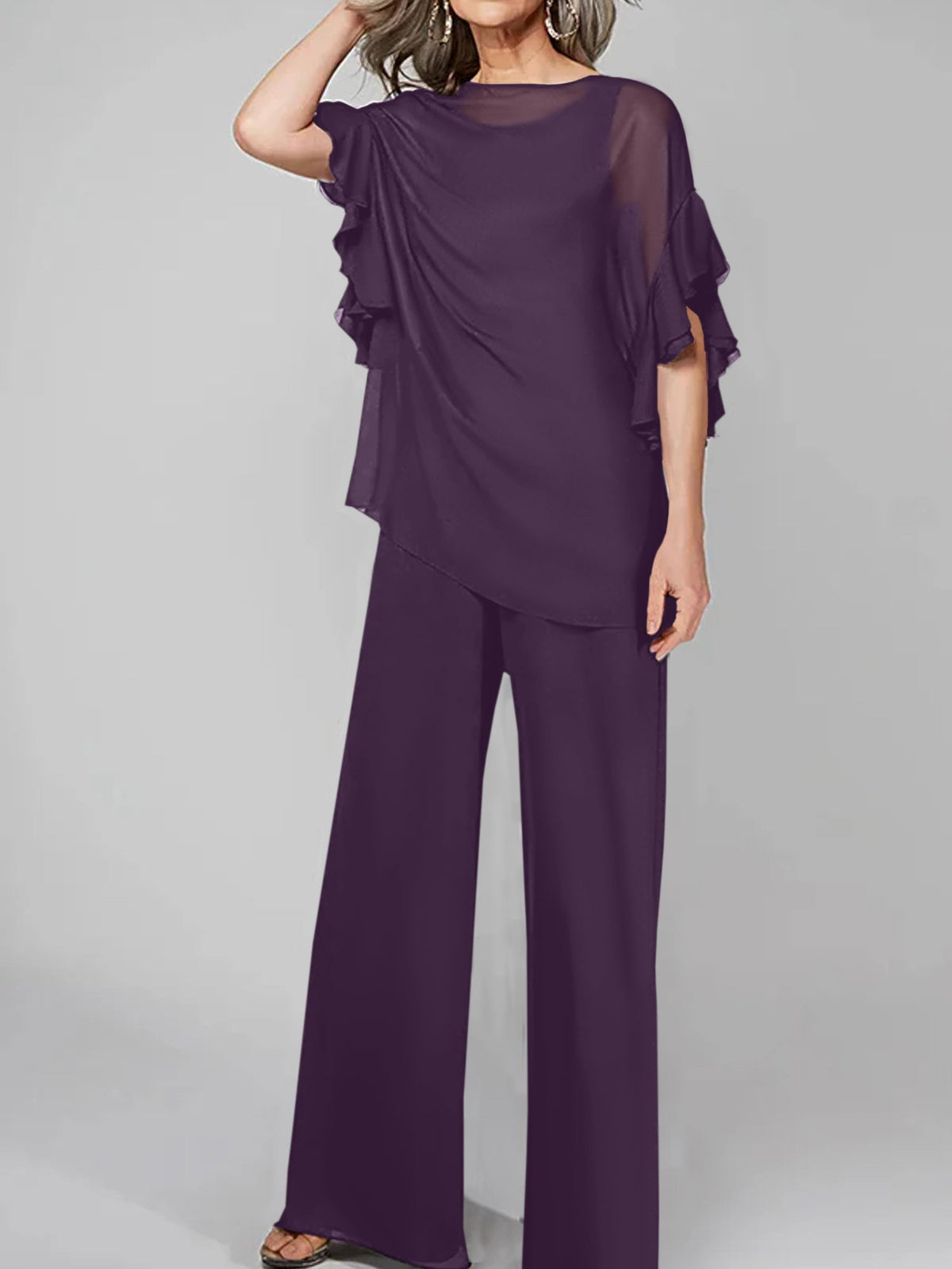 Chiffon Mother of the Bride Pantsuit with Scoop Neck and Half Sleeves