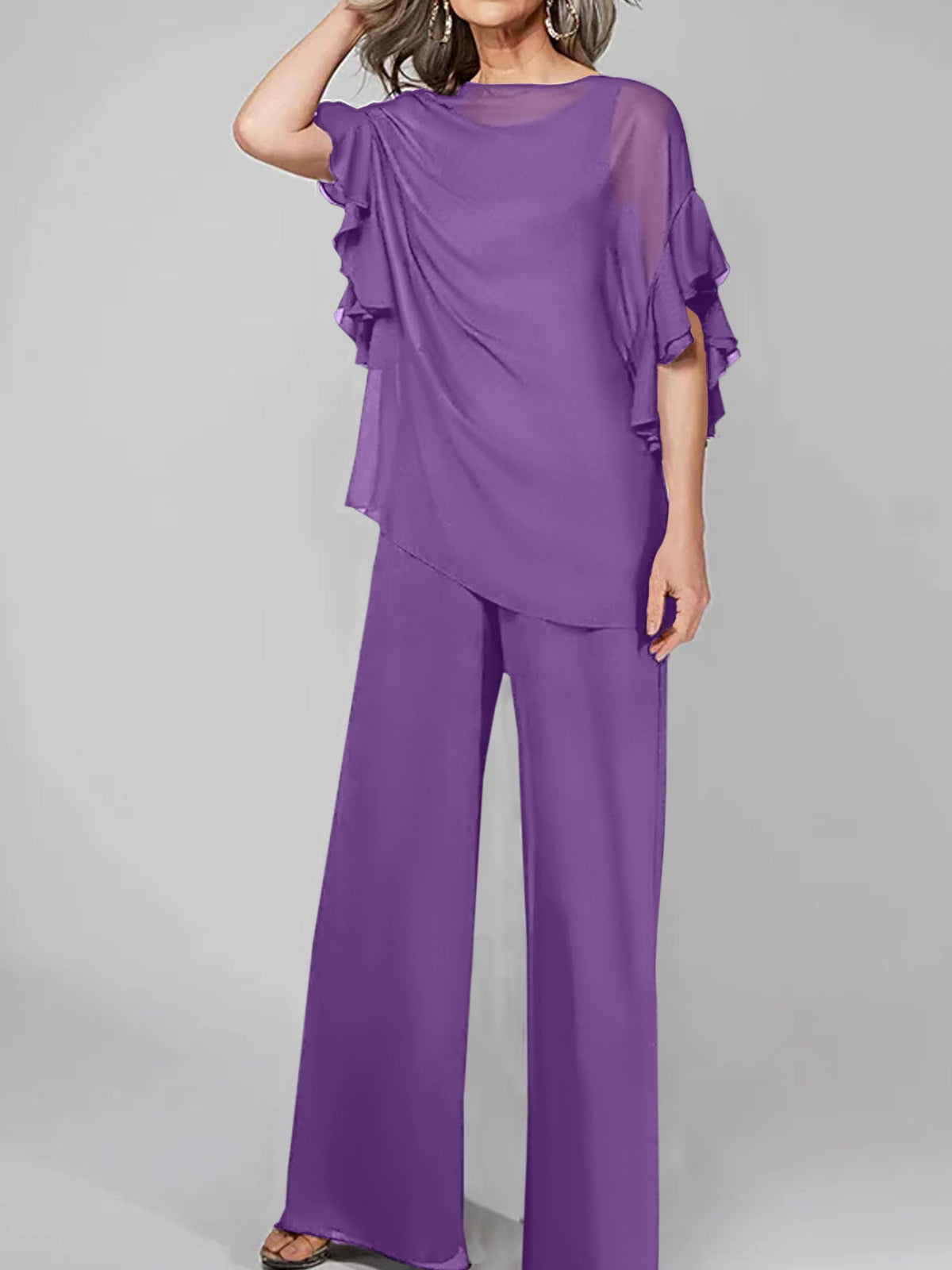 Chiffon Mother of the Bride Pantsuit with Scoop Neck and Half Sleeves