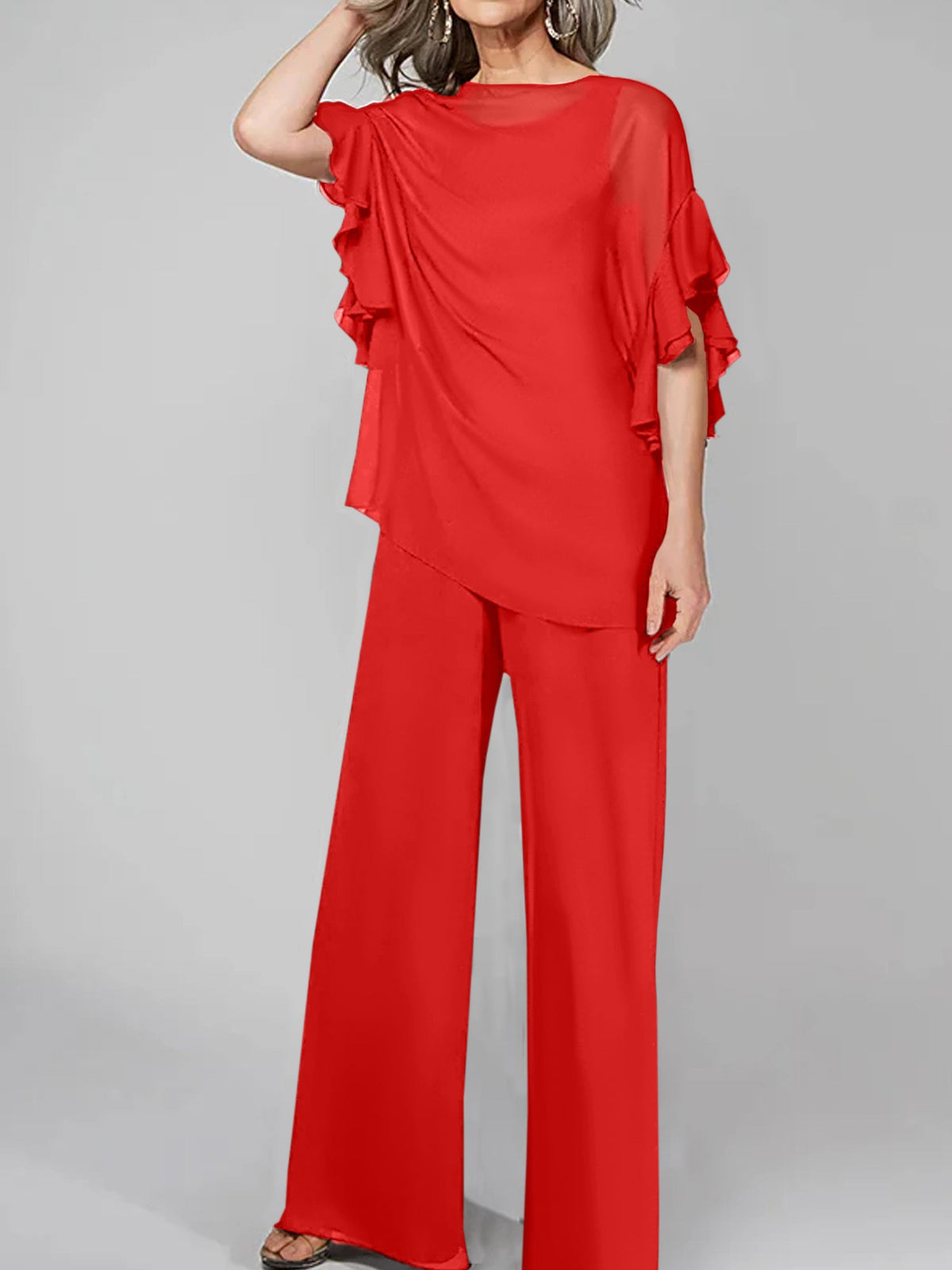 Chiffon Mother of the Bride Pantsuit with Scoop Neck and Half Sleeves