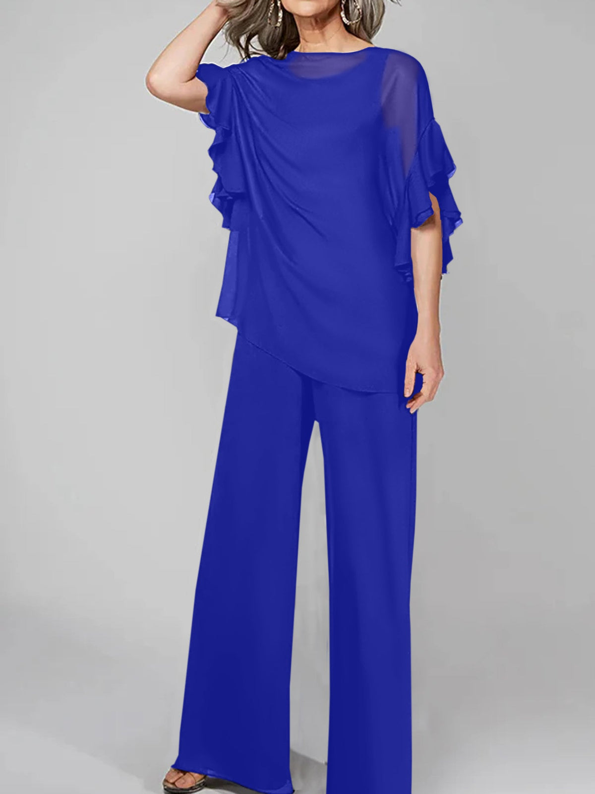 Chiffon Mother of the Bride Pantsuit with Scoop Neck and Half Sleeves