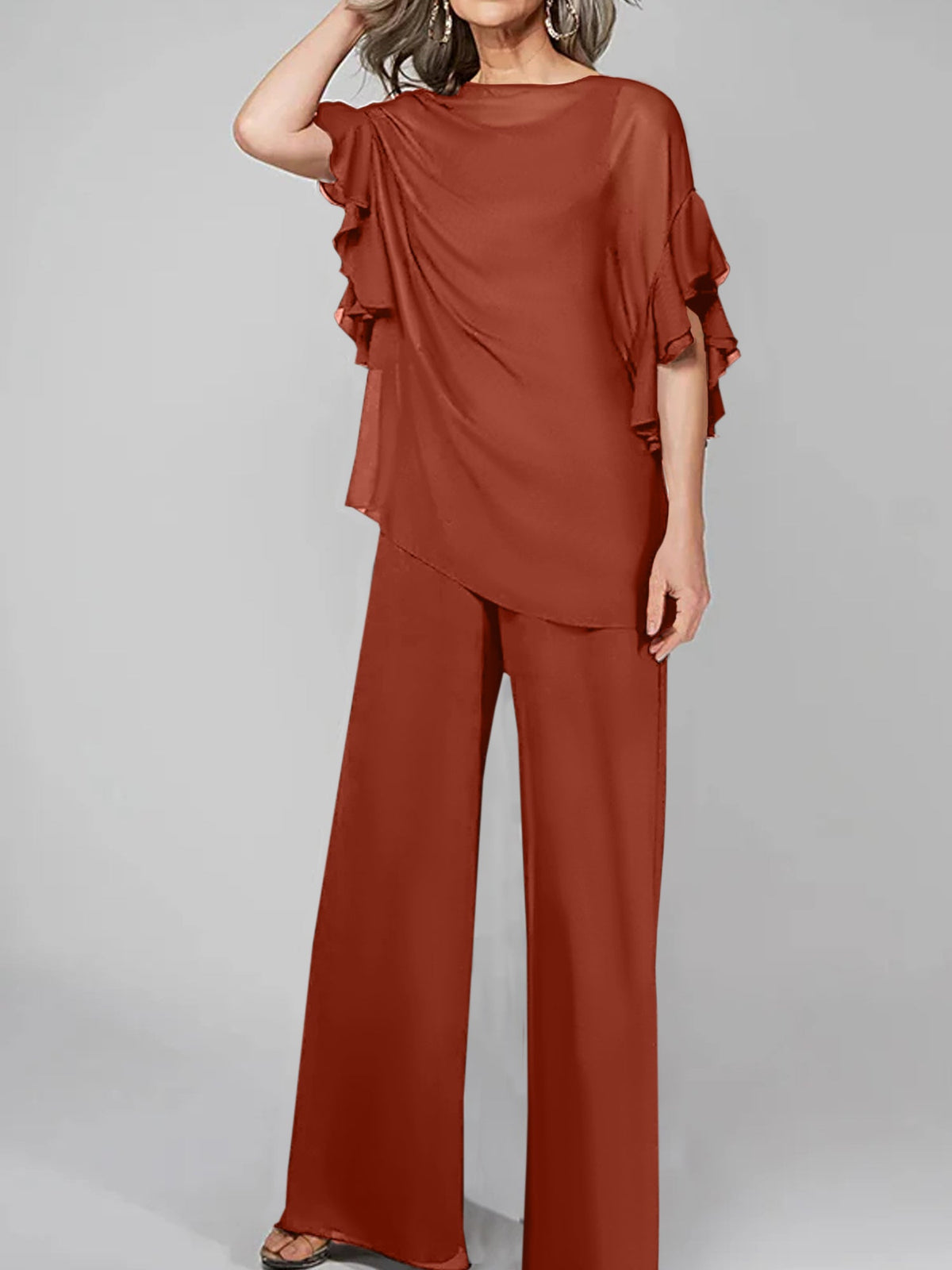 Chiffon Mother of the Bride Pantsuit with Scoop Neck and Half Sleeves