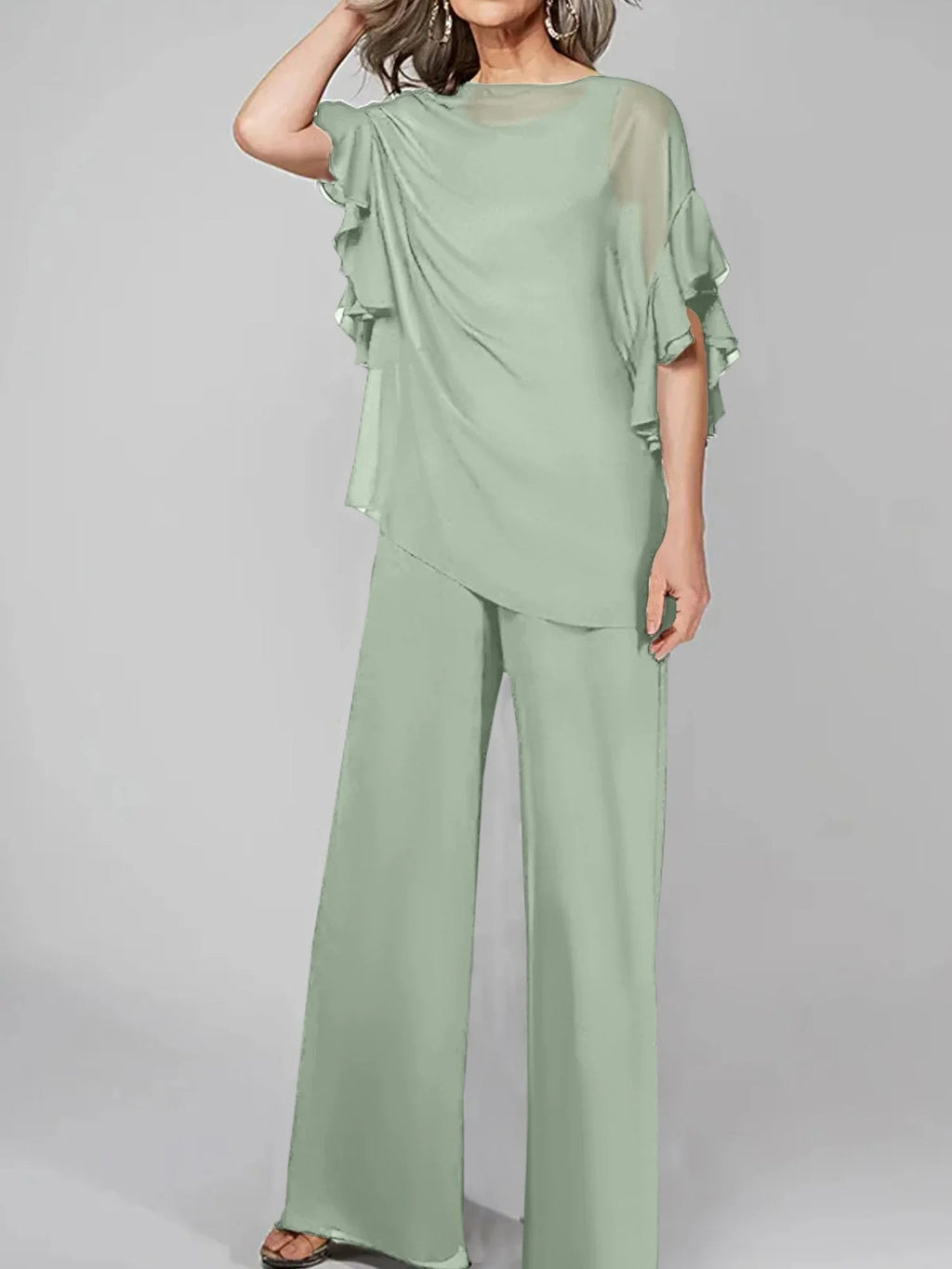 بدلات قفز بأكمام نصفية مستديرة من الشيفون لوالدة العروس بدلات بنطلون