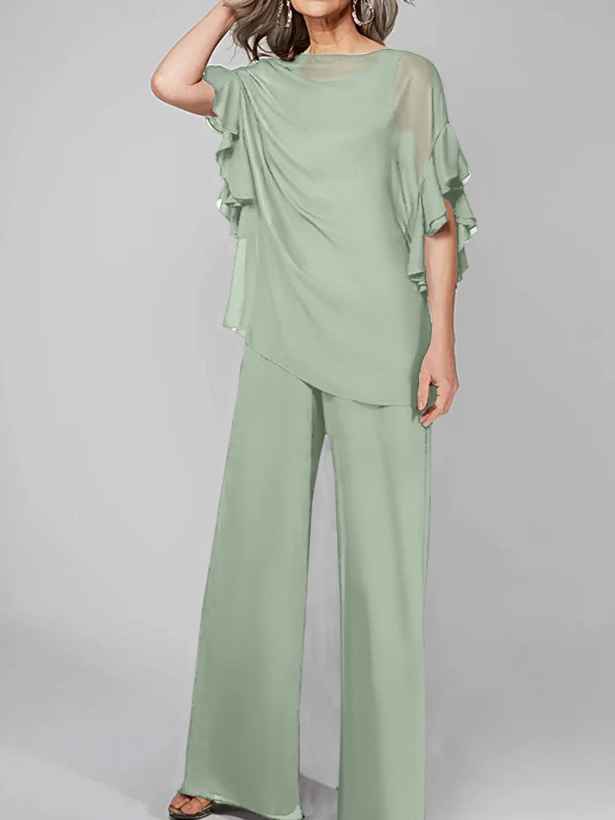 Chiffon Mother of the Bride Pantsuit with Scoop Neck and Half Sleeves