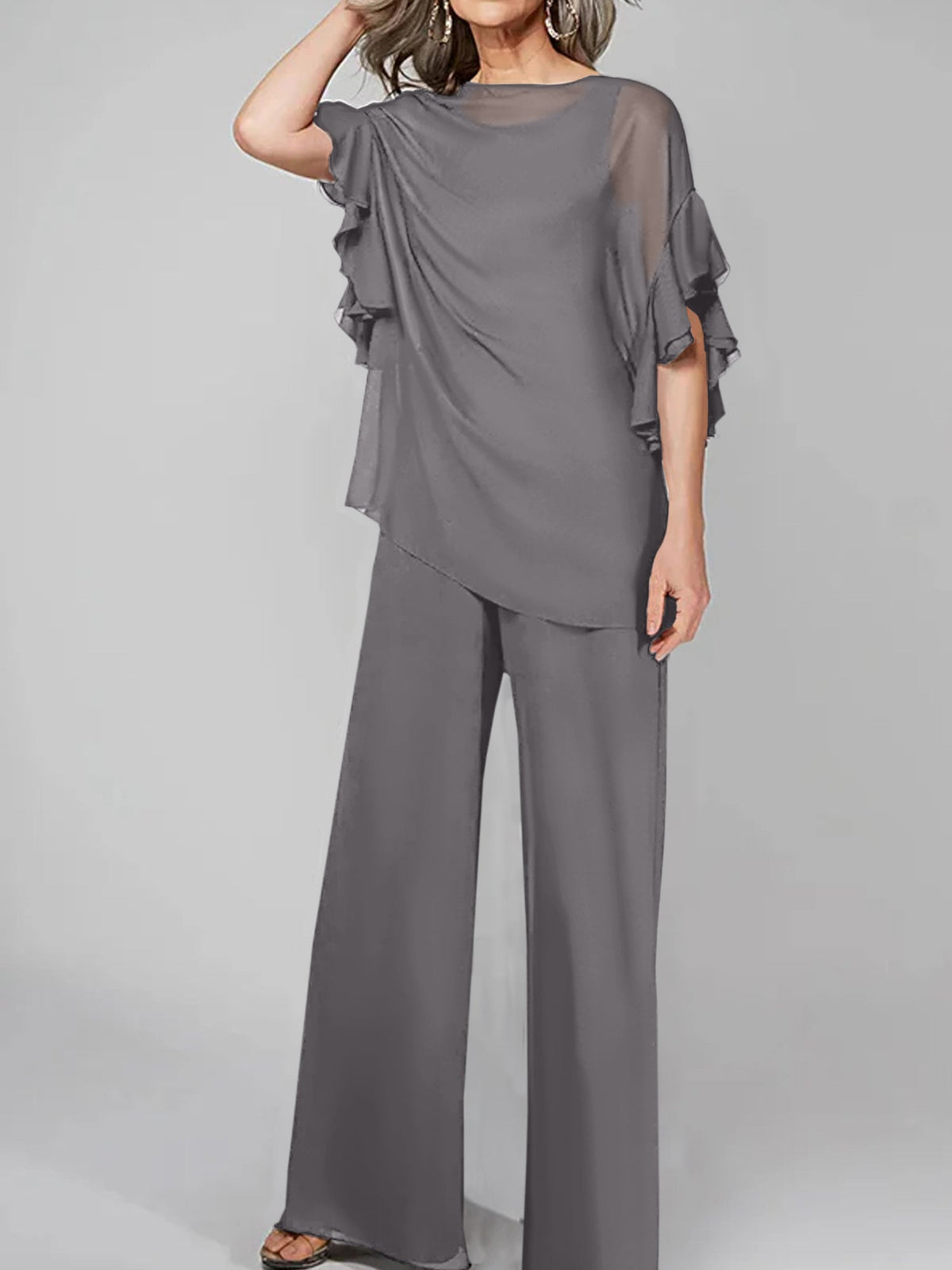 Chiffon Mother of the Bride Pantsuit with Scoop Neck and Half Sleeves