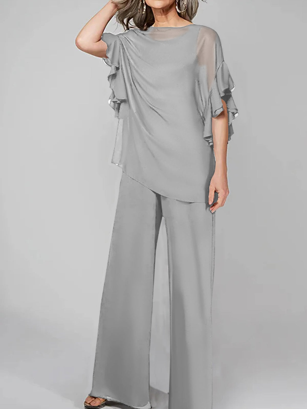 Chiffon Mother of the Bride Pantsuit with Scoop Neck and Half Sleeves