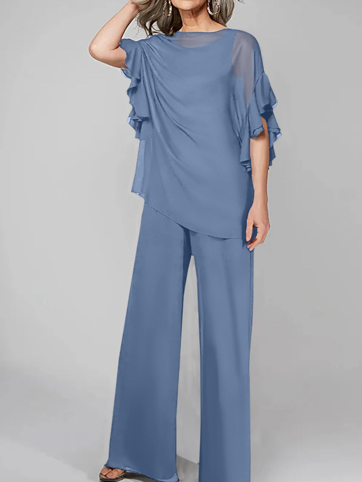 Chiffon Mother of the Bride Pantsuit with Scoop Neck and Half Sleeves