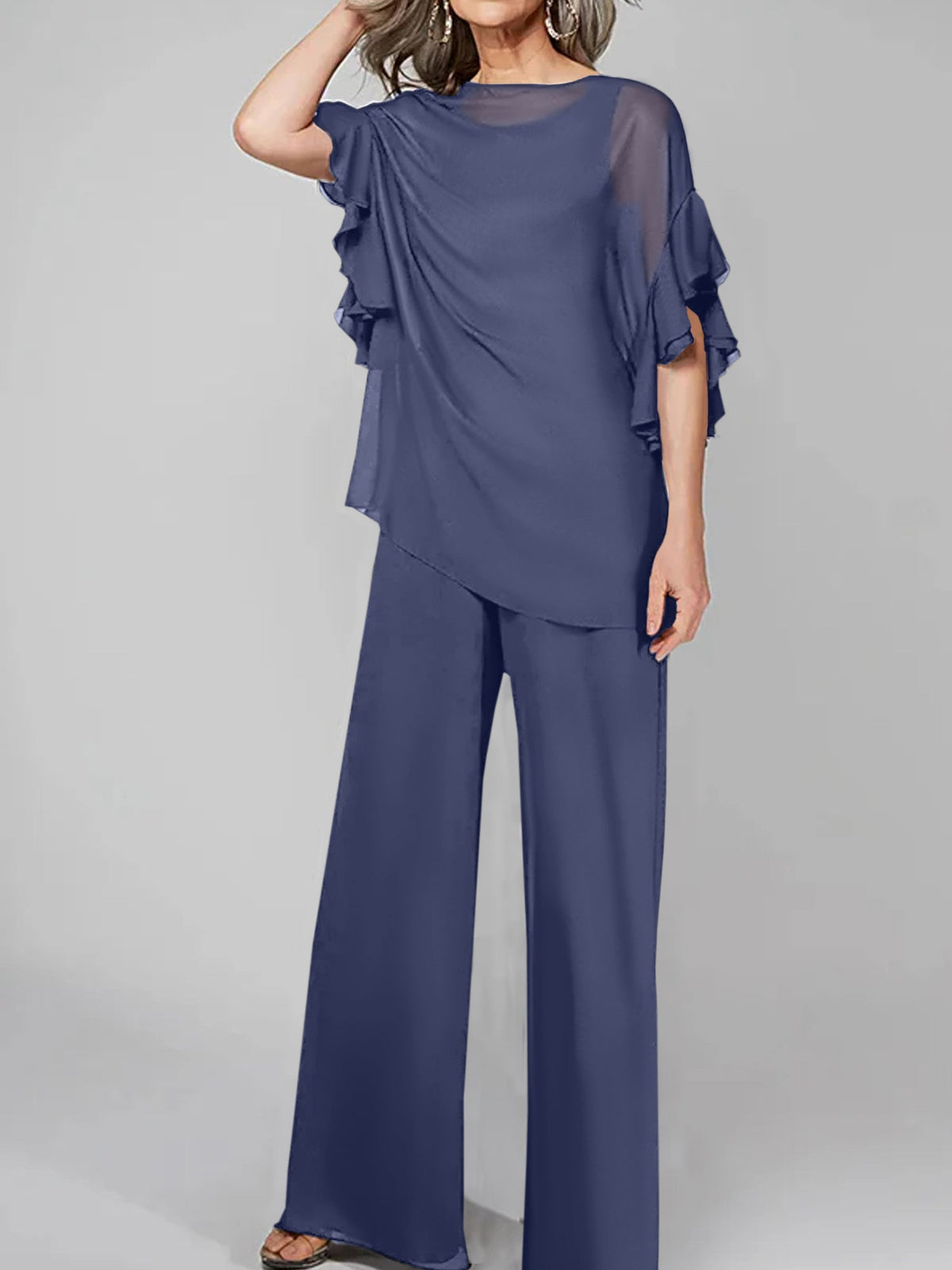 Chiffon Mother of the Bride Pantsuit with Scoop Neck and Half Sleeves