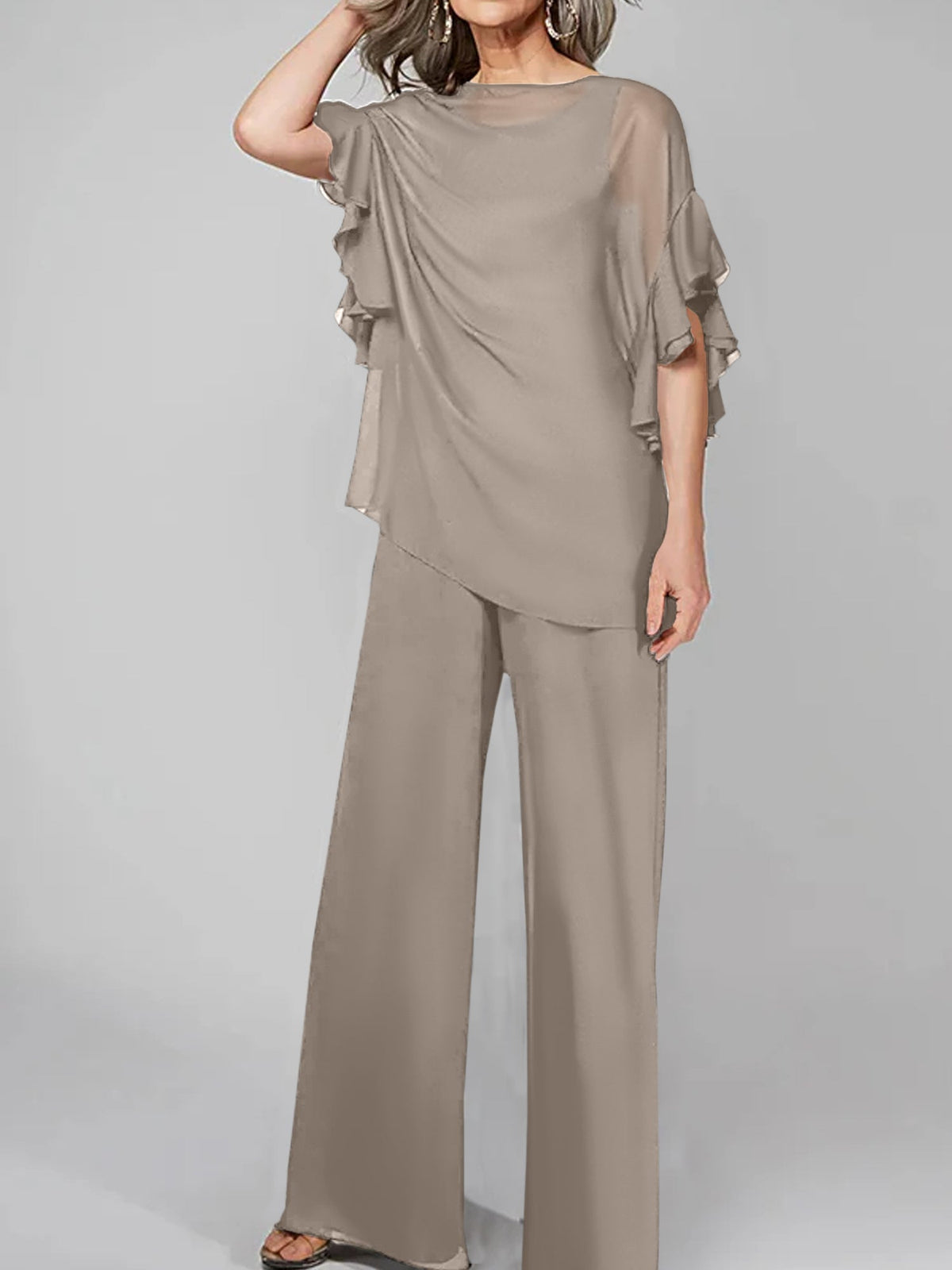 Chiffon Mother of the Bride Pantsuit with Scoop Neck and Half Sleeves