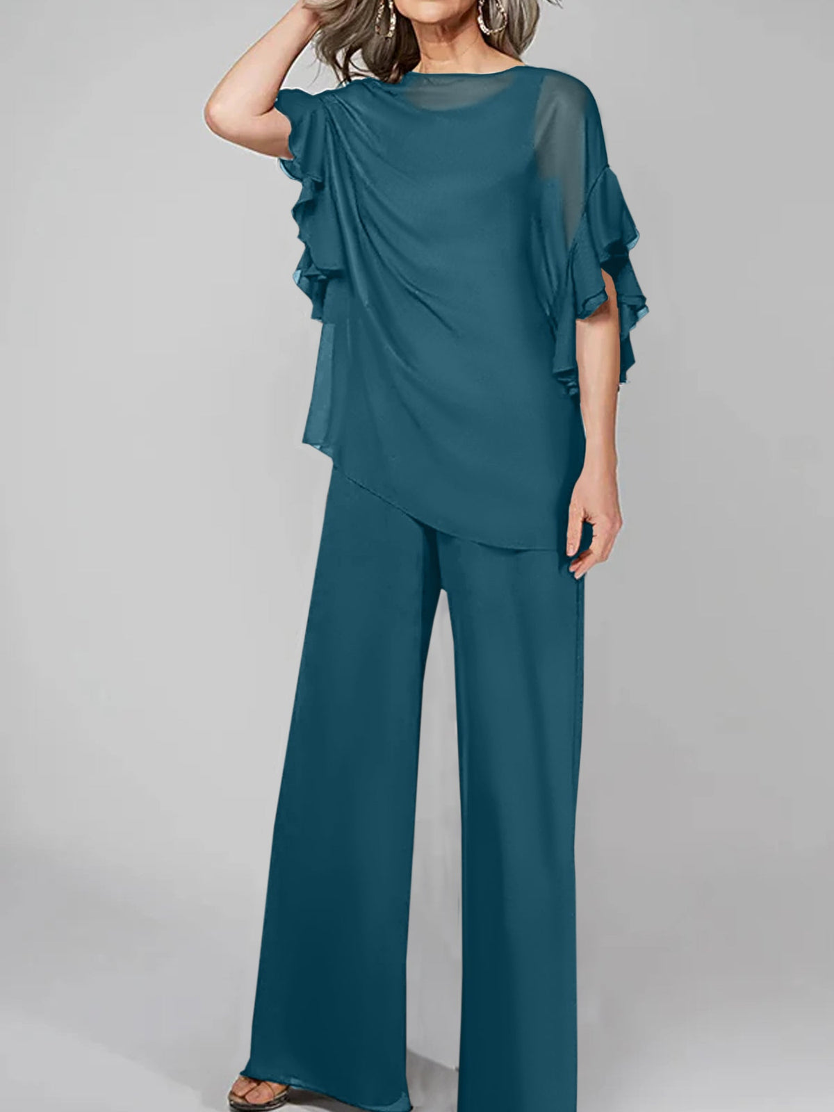 Chiffon Mother of the Bride Pantsuit with Scoop Neck and Half Sleeves