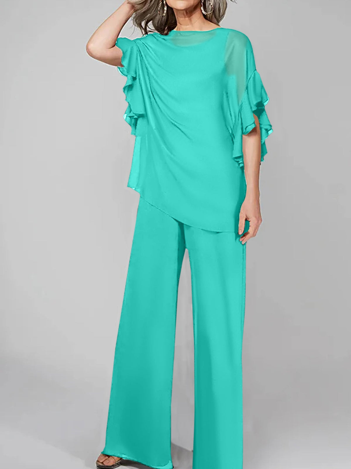 Chiffon Mother of the Bride Pantsuit with Scoop Neck and Half Sleeves