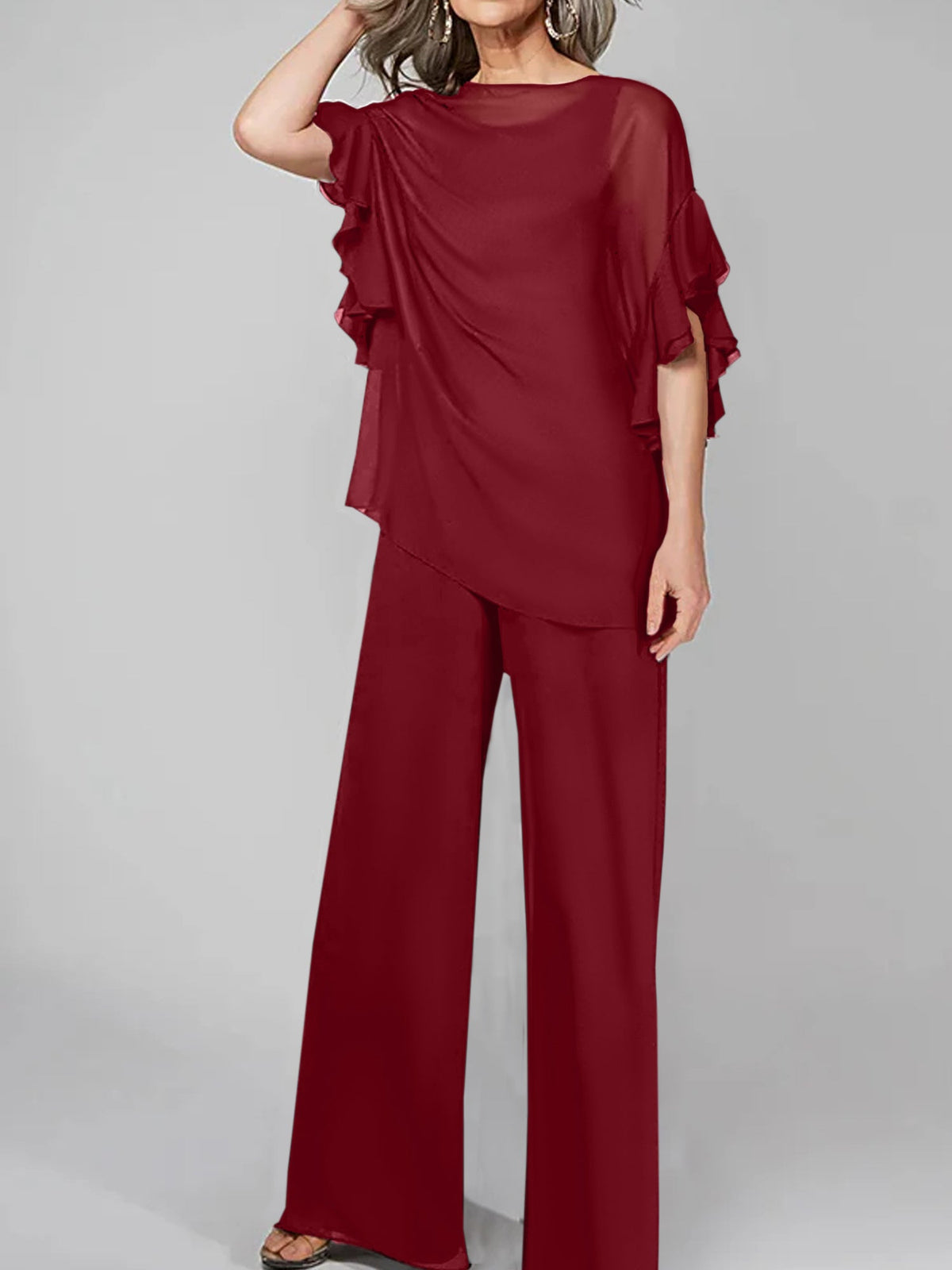 Chiffon Mother of the Bride Pantsuit with Scoop Neck and Half Sleeves