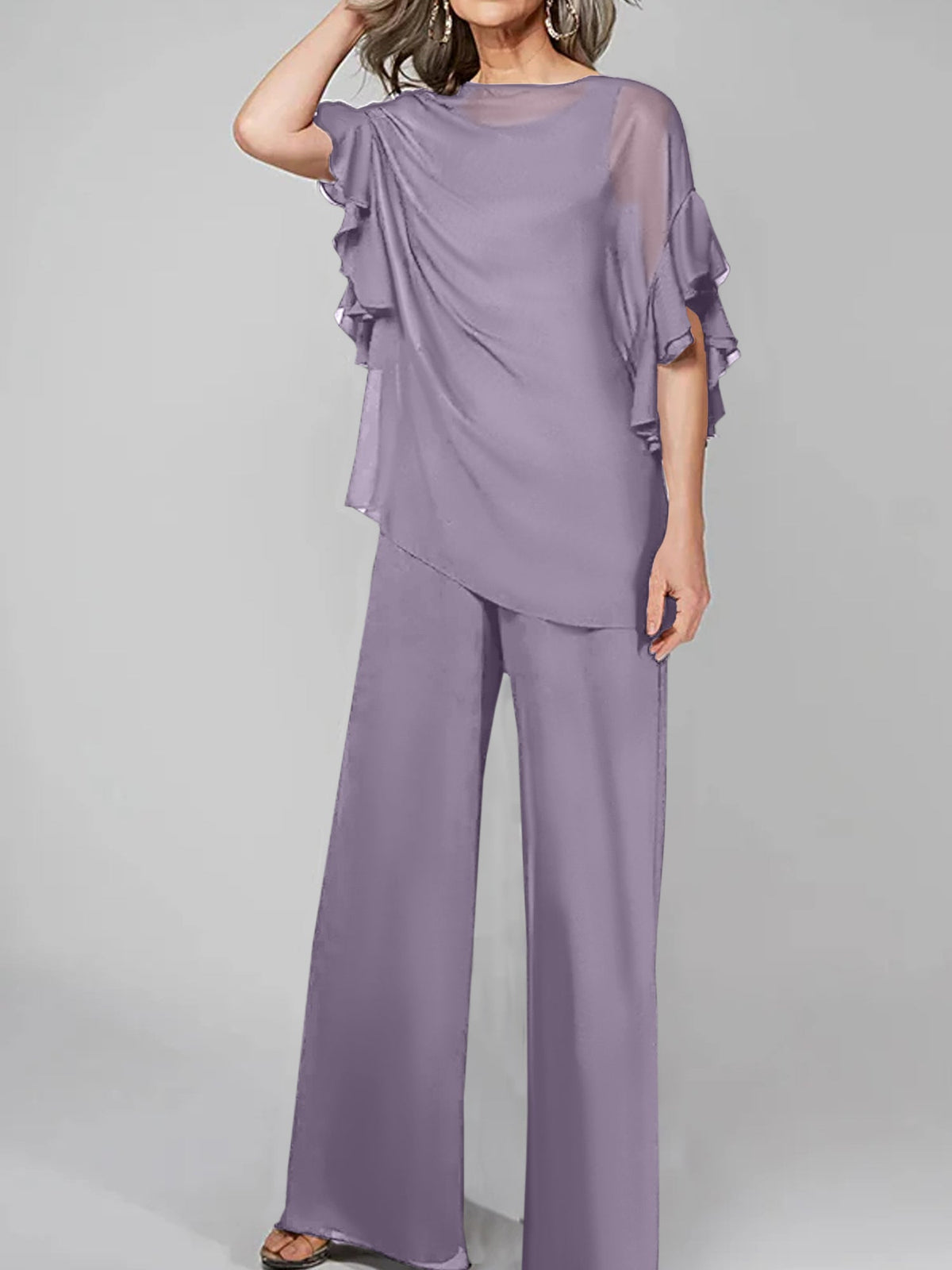 Chiffon Mother of the Bride Pantsuit with Scoop Neck and Half Sleeves