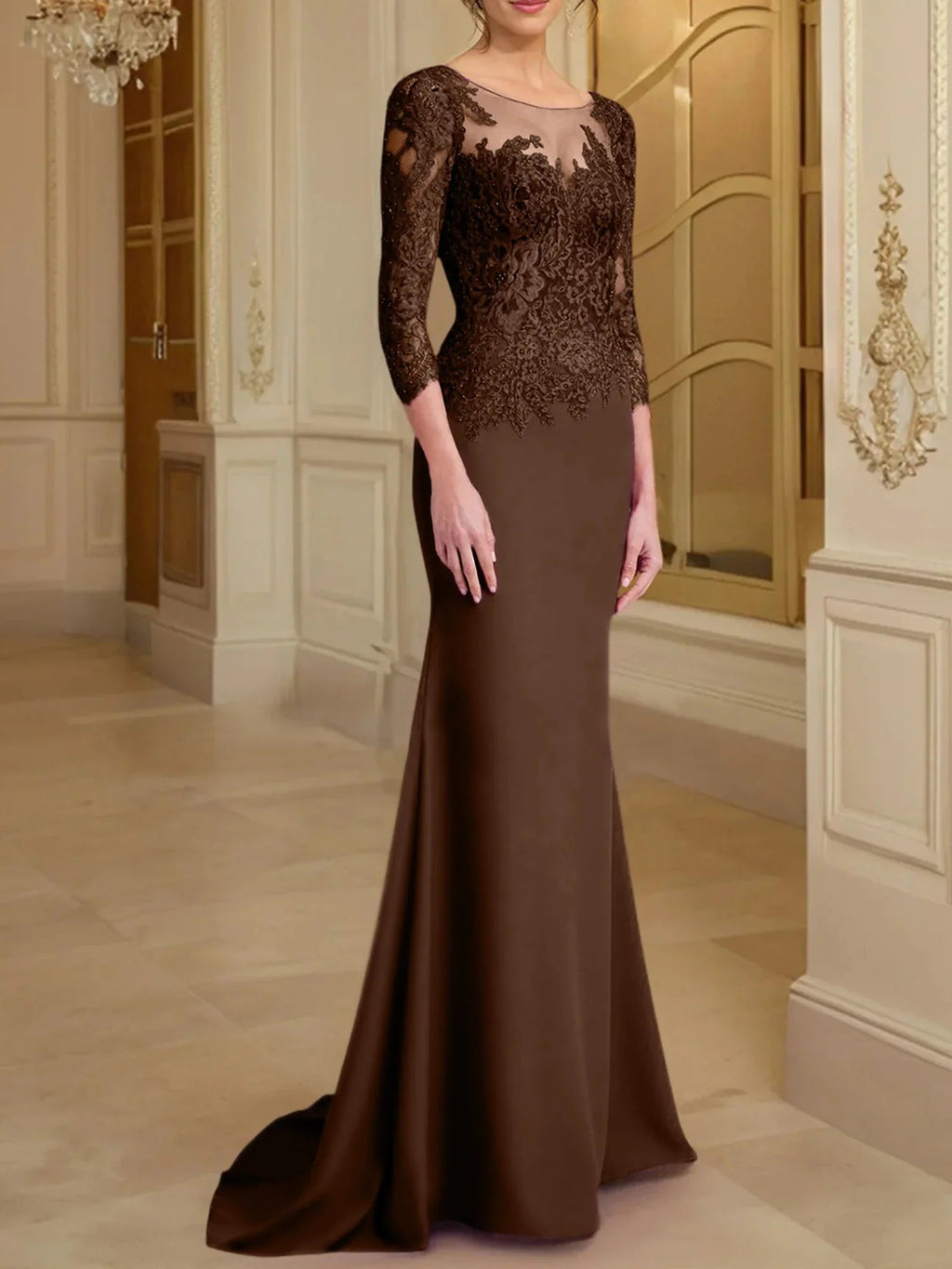 Vestidos de madre de la novia con mangas largas, corte trompeta/cola de sirena y encaje