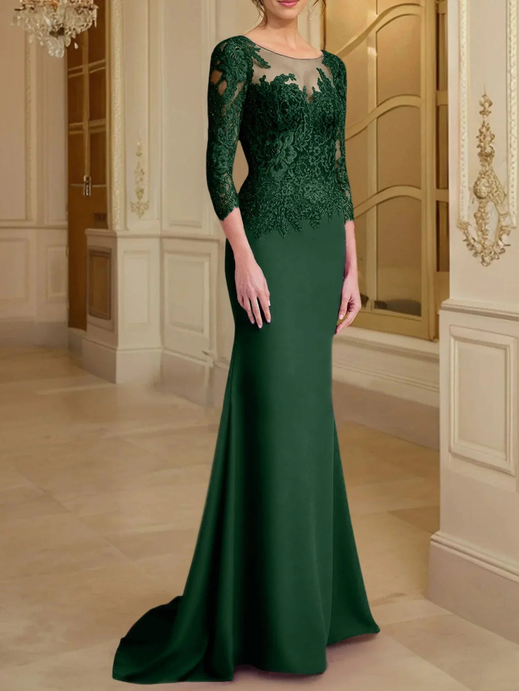 Vestidos de madre de la novia con mangas largas, corte trompeta/cola de sirena y encaje