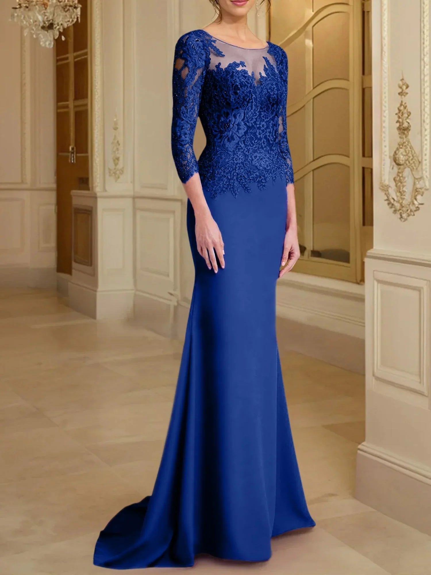 Vestidos de madre de la novia con mangas largas, corte trompeta/cola de sirena y encaje