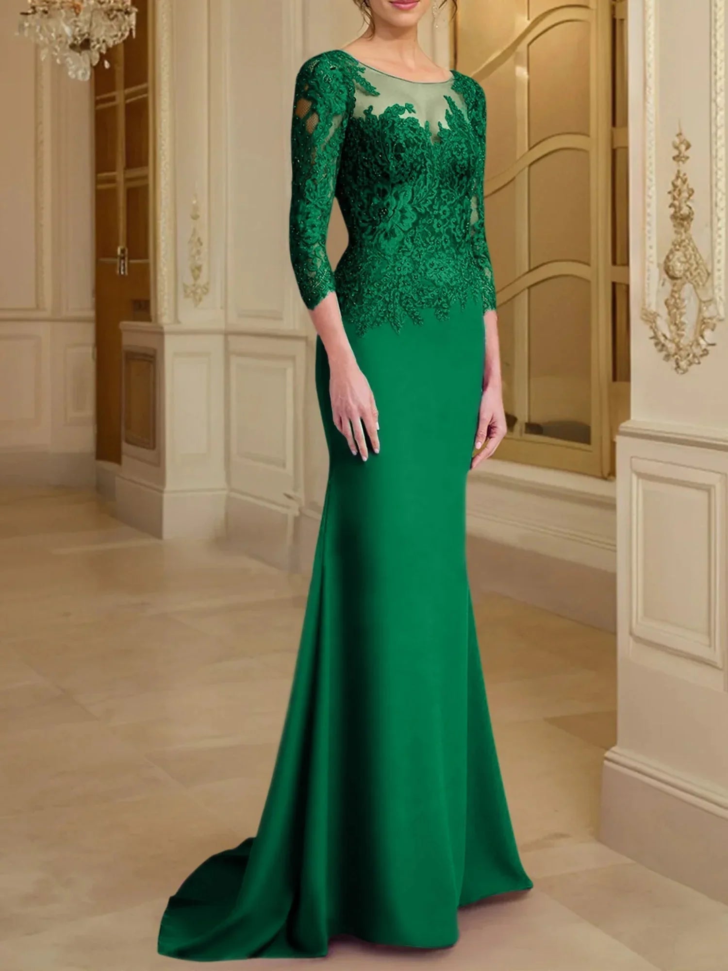 Vestidos de madre de la novia con mangas largas, corte trompeta/cola de sirena y encaje