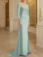 Vestidos de madre de la novia con mangas largas, corte trompeta/cola de sirena y encaje