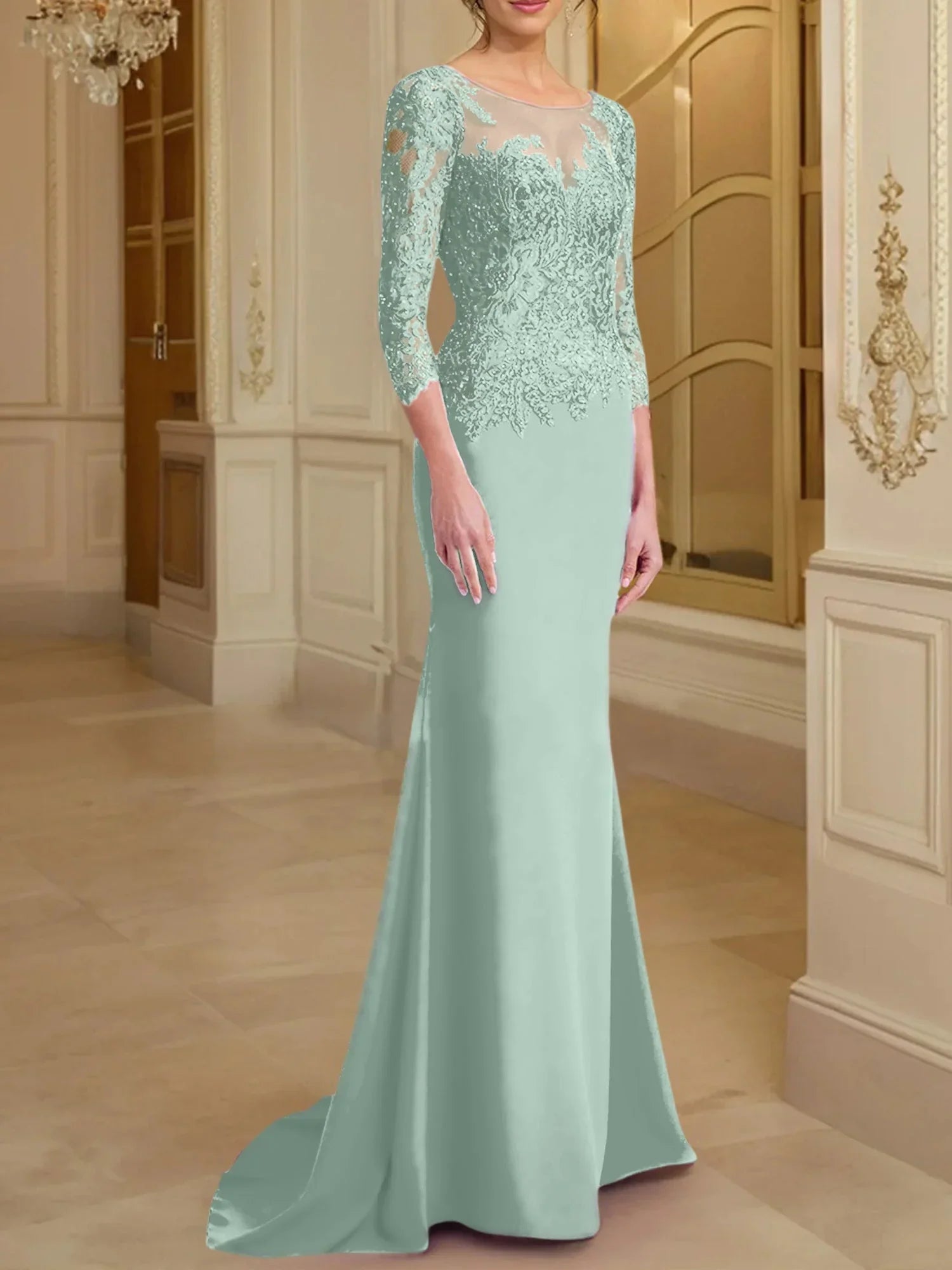 Vestidos de madre de la novia con mangas largas, corte trompeta/cola de sirena y encaje