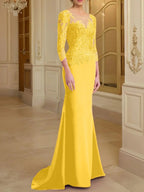 Vestidos de madre de la novia con mangas largas, corte trompeta/cola de sirena y encaje