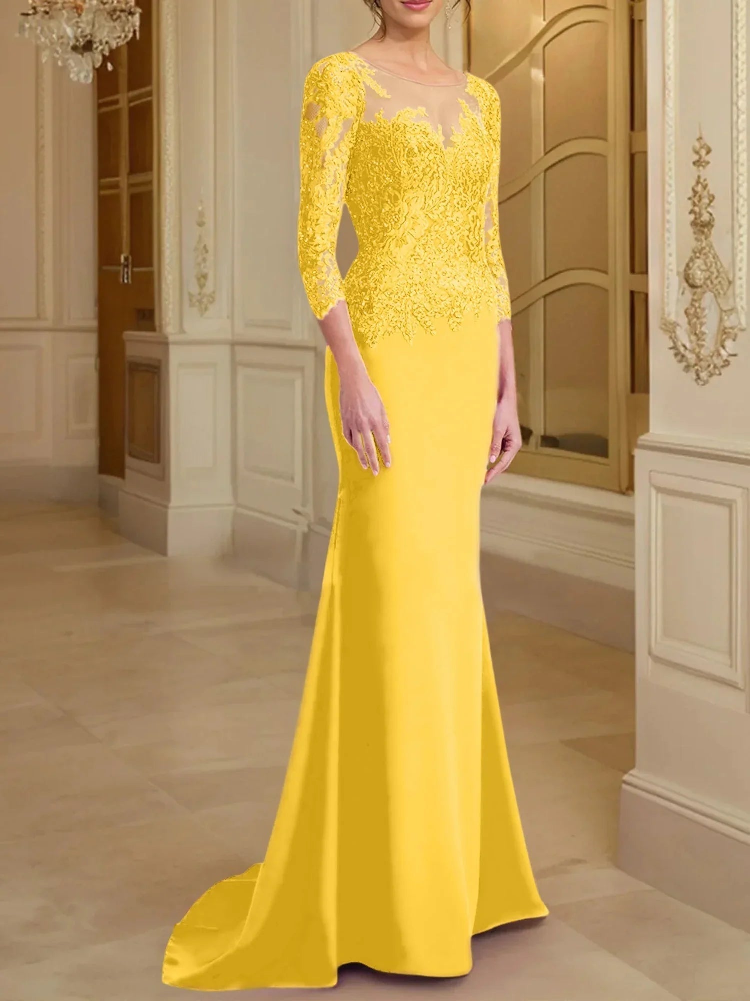 Vestidos de madre de la novia con mangas largas, corte trompeta/cola de sirena y encaje