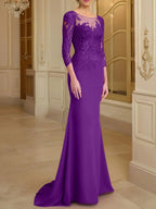 Vestidos de madre de la novia con mangas largas, corte trompeta/cola de sirena y encaje