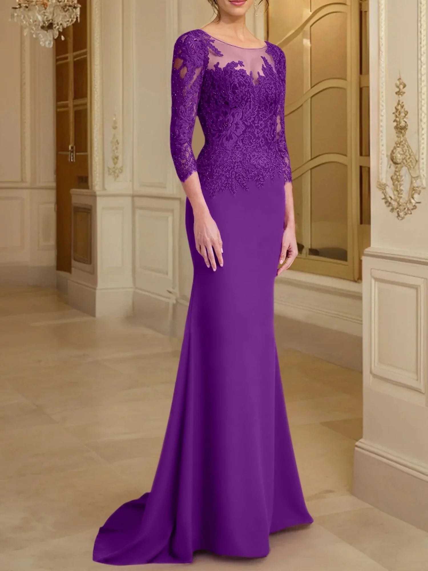 Vestidos de madre de la novia con mangas largas, corte trompeta/cola de sirena y encaje