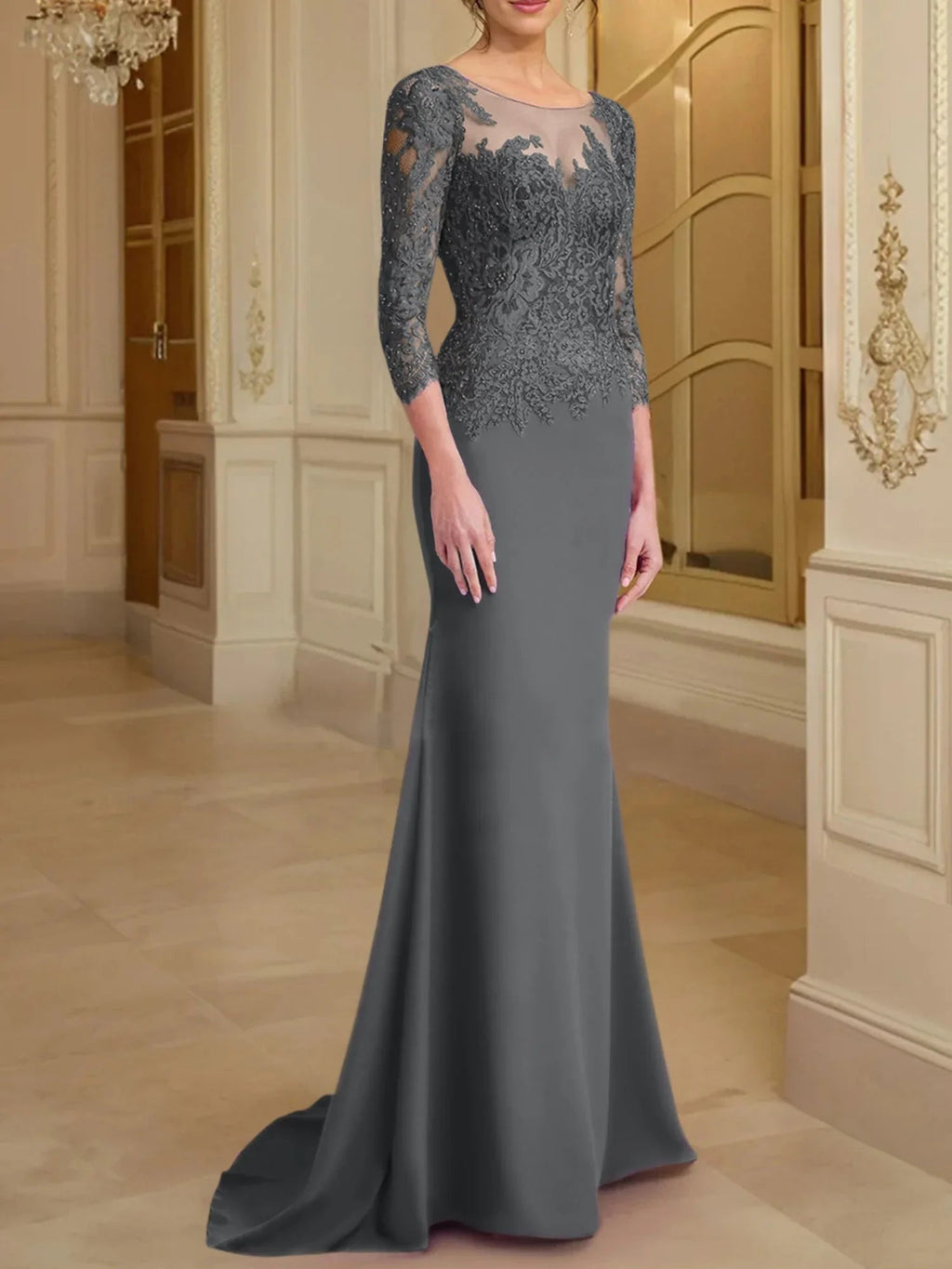 Vestidos de madre de la novia con mangas largas, corte trompeta/cola de sirena y encaje