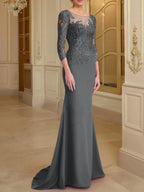 Vestidos de madre de la novia con mangas largas, corte trompeta/cola de sirena y encaje