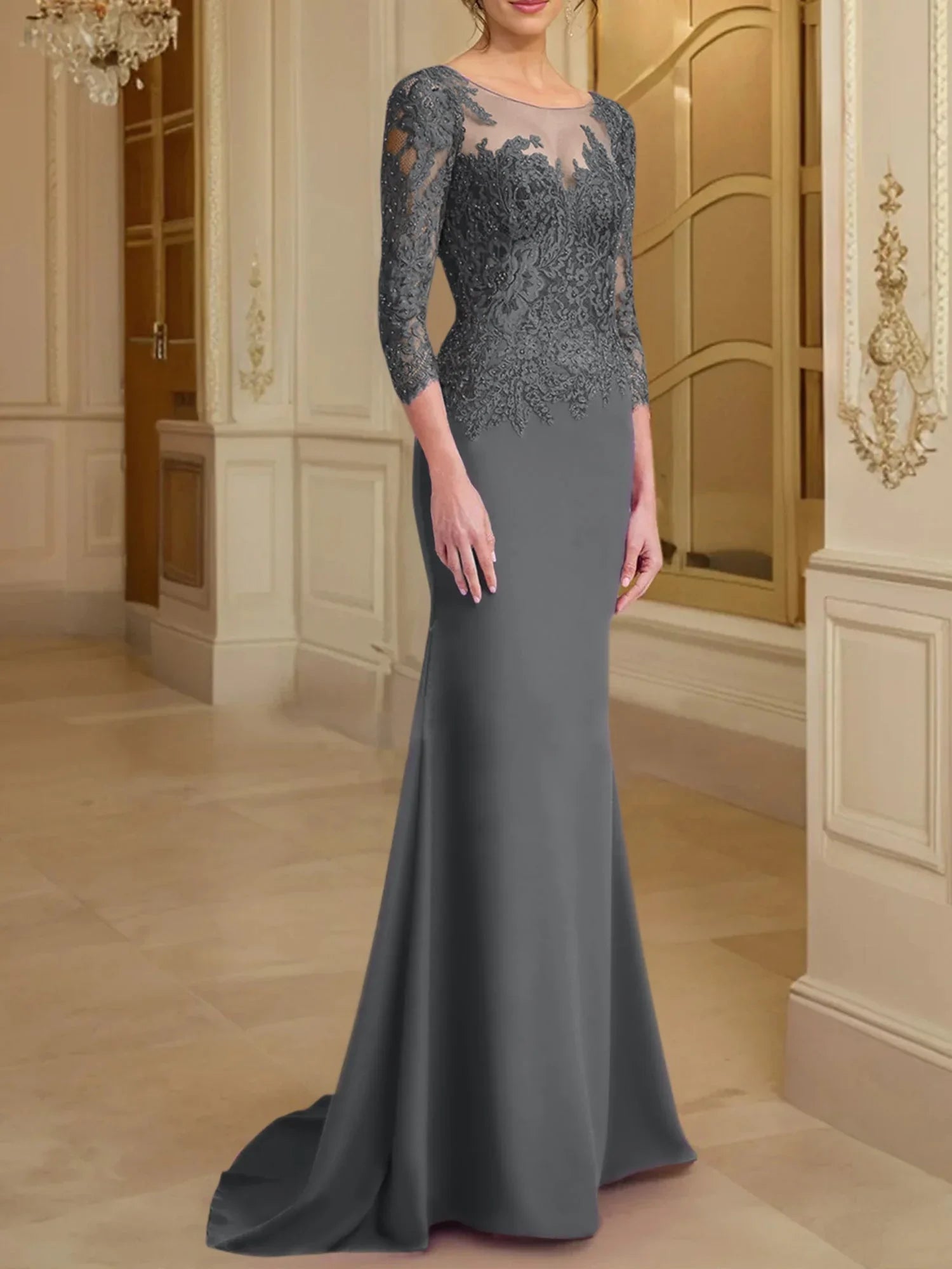 Vestidos de madre de la novia con mangas largas, corte trompeta/cola de sirena y encaje