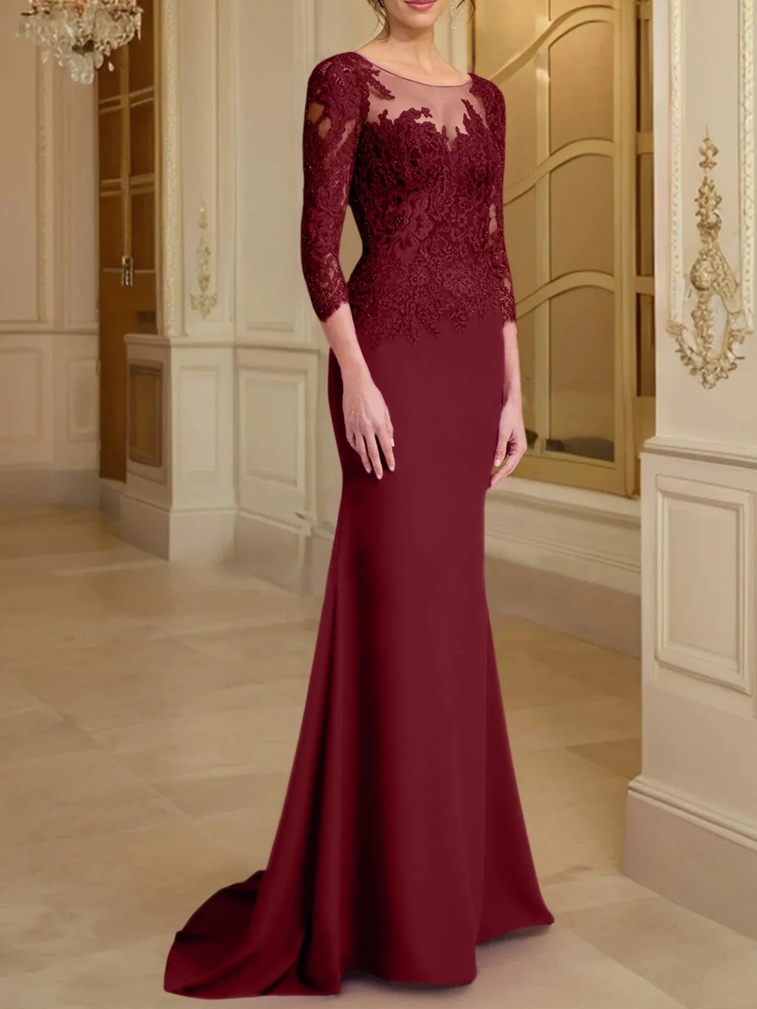 Vestidos de madre de la novia con mangas largas, corte trompeta/cola de sirena y encaje